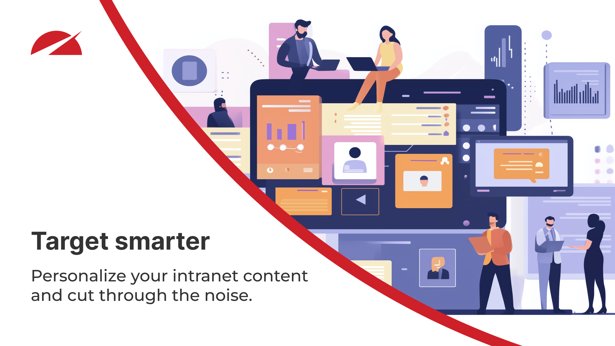 Illustration of professionals interacting with digital intranet dashboards and content blocks, with the caption "Target smarter – Personalize your intranet content and cut through the noise." Accelerator 365 logo in the top left.