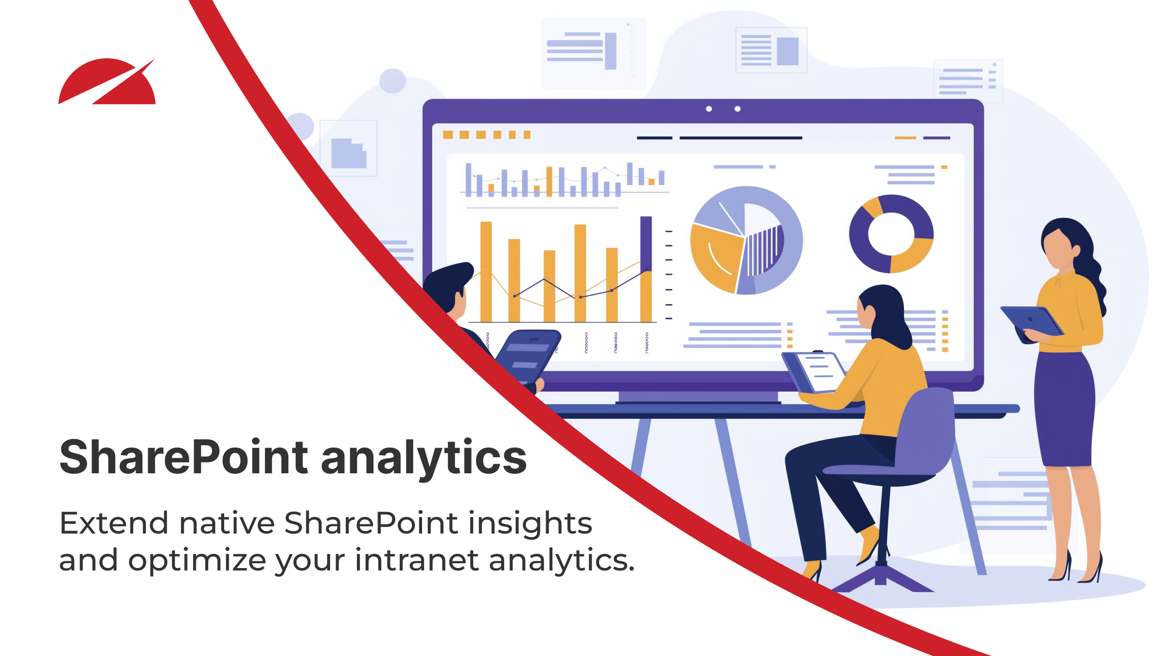 Illustration of people analyzing charts and graphs on a large screen, representing SharePoint analytics. Text on the left reads: ‘SharePoint analytics. Extend native SharePoint insights and optimize your intranet analytics.’