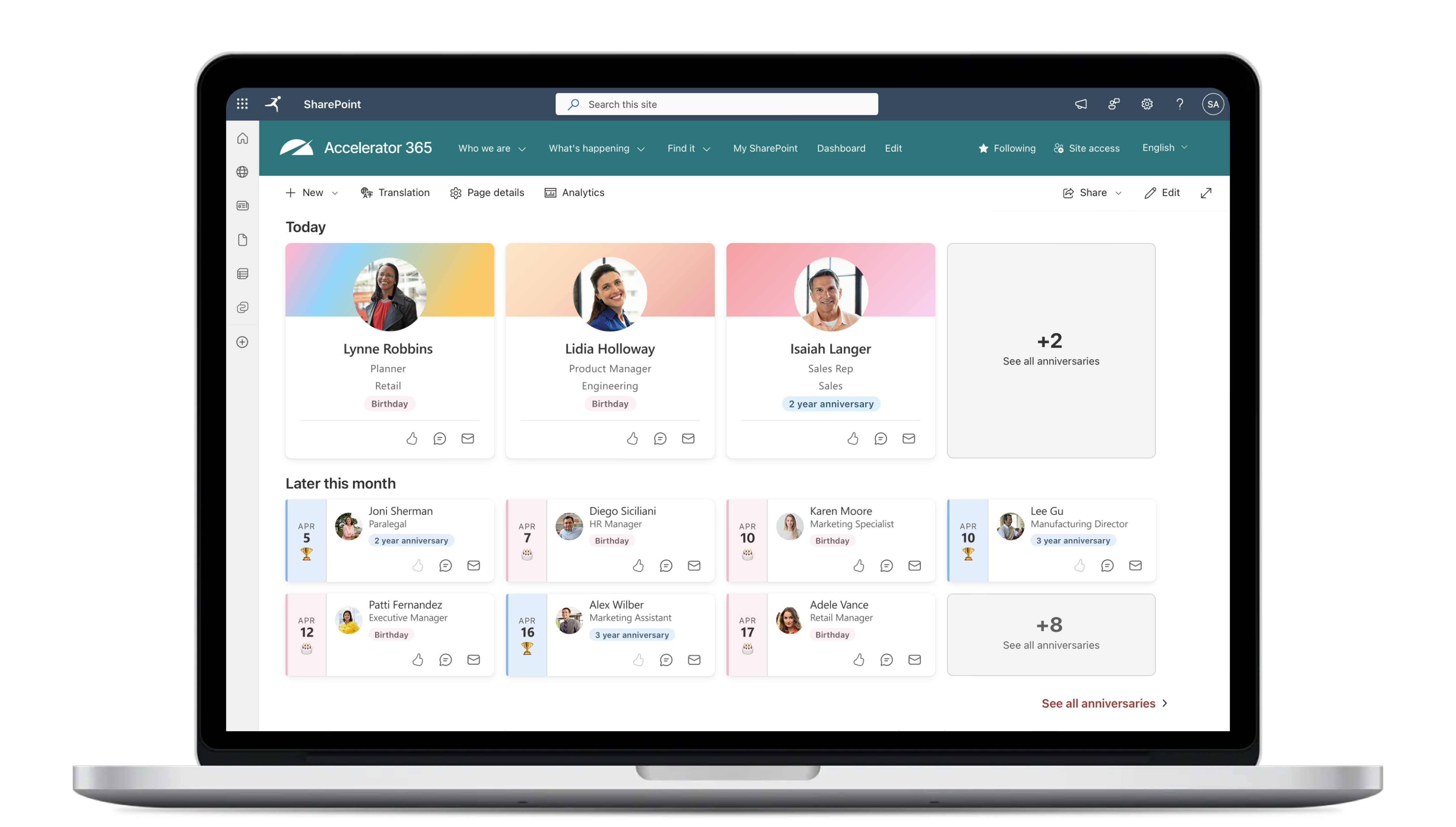 Laptop displaying an Accelerator 365 SharePoint intranet page with Anniversaries web part showing employee birthdays and work anniversaries, with profile cards, dates, and options to interact or view more celebrations.