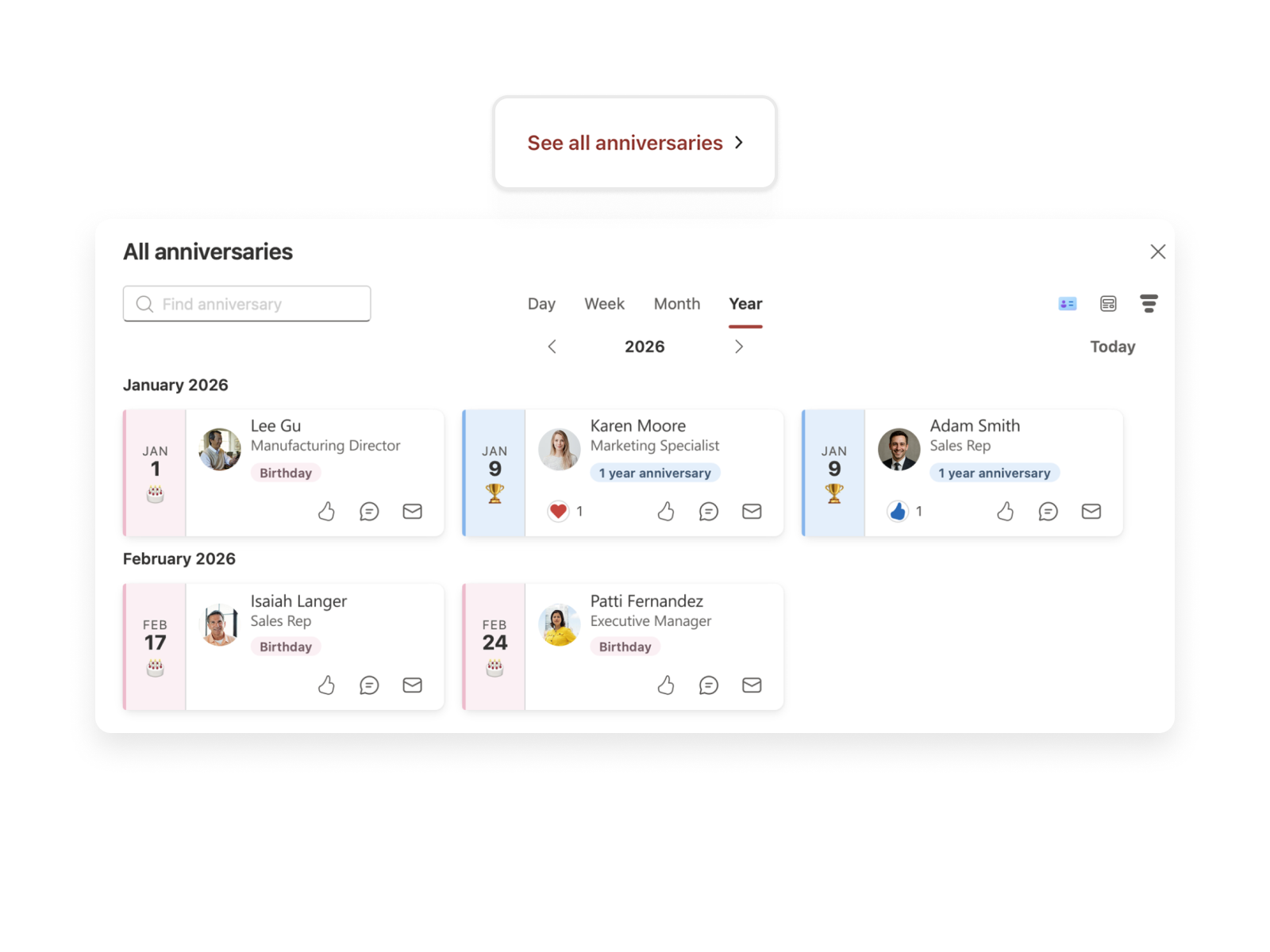 “All anniversaries” view displaying a yearly overview of employee birthdays and work anniversaries, with cards organized by month and options to search and filter entries.