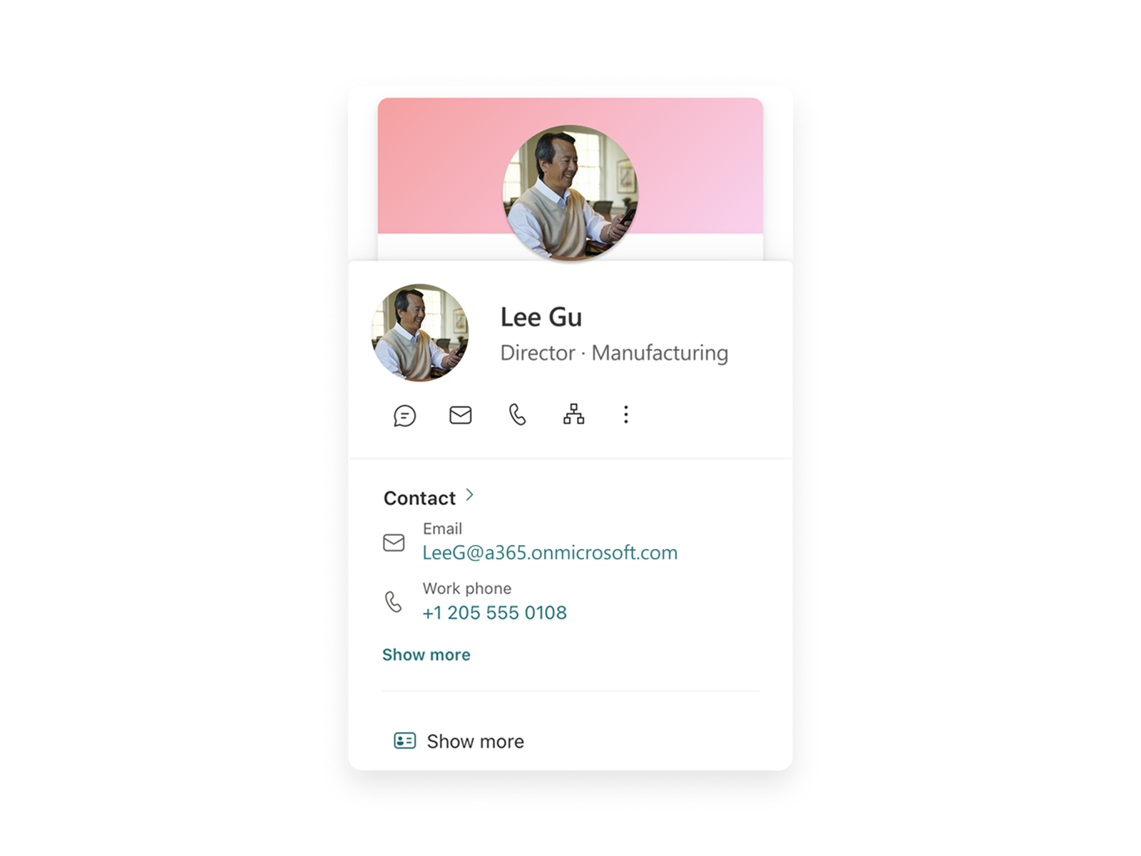 Employee profile card titled “Richer connections” showing detailed contact information, role, and quick action icons for communication and collaboration.