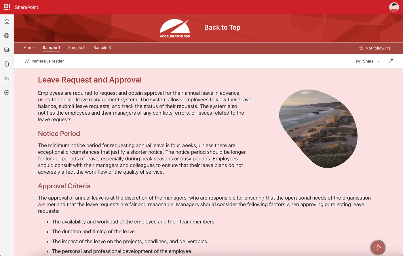 SharePoint interface displaying an ‘Annual Leave Policy’ page. A red circular ‘Back to Top’ button is visible in the bottom right corner. The button smoothly scrolls the user back to the top of the page, showcasing the Accelerator 365 ‘Back to Top’ feature.