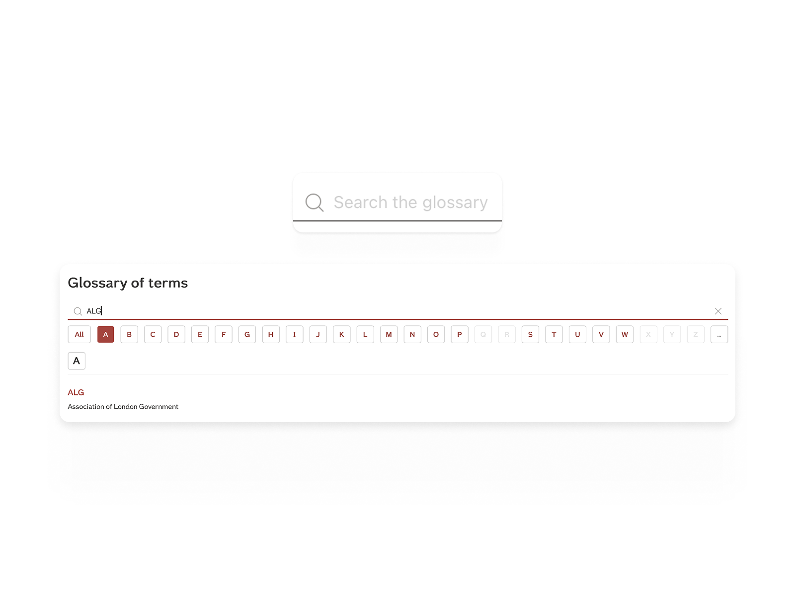 Glossary search interface with A–Z filters, showing a typed query (“ALG”) and a matching term result with its definition.