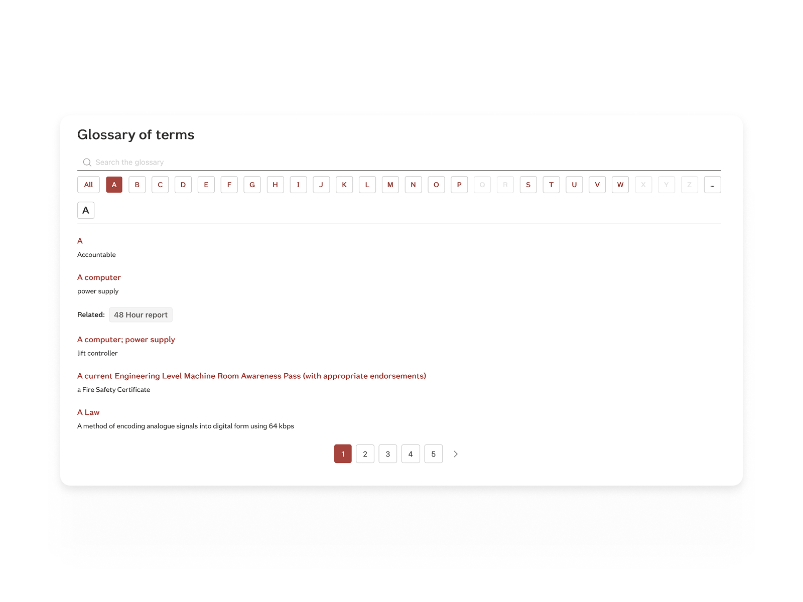 Glossary interface in SharePoint showing A–Z navigation, search bar, and a list of terms with definitions and pagination controls.