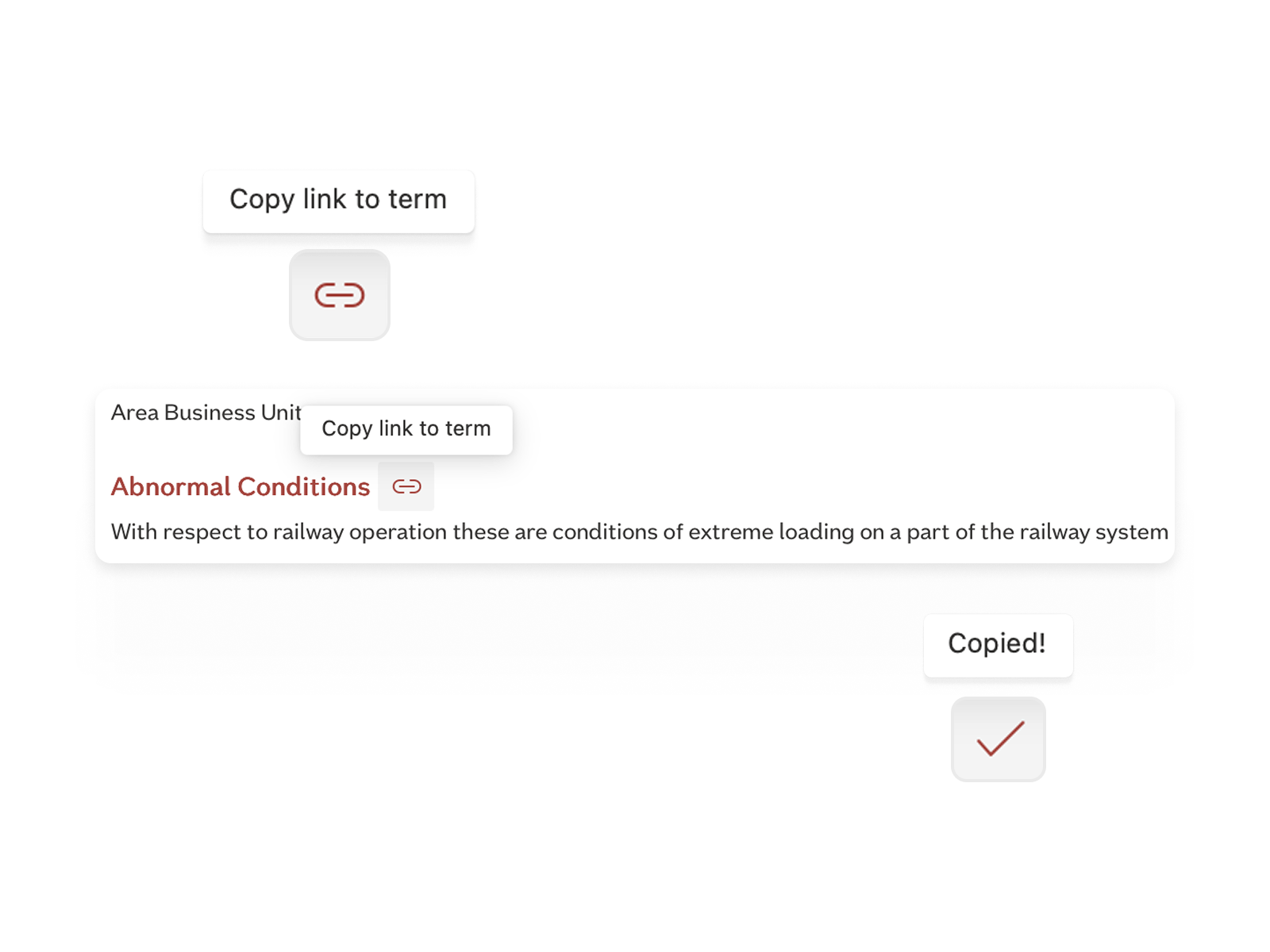 Glossary term card with a link icon and tooltip “Copy link to term,” showing a confirmation message “Copied!” after the link is copied.