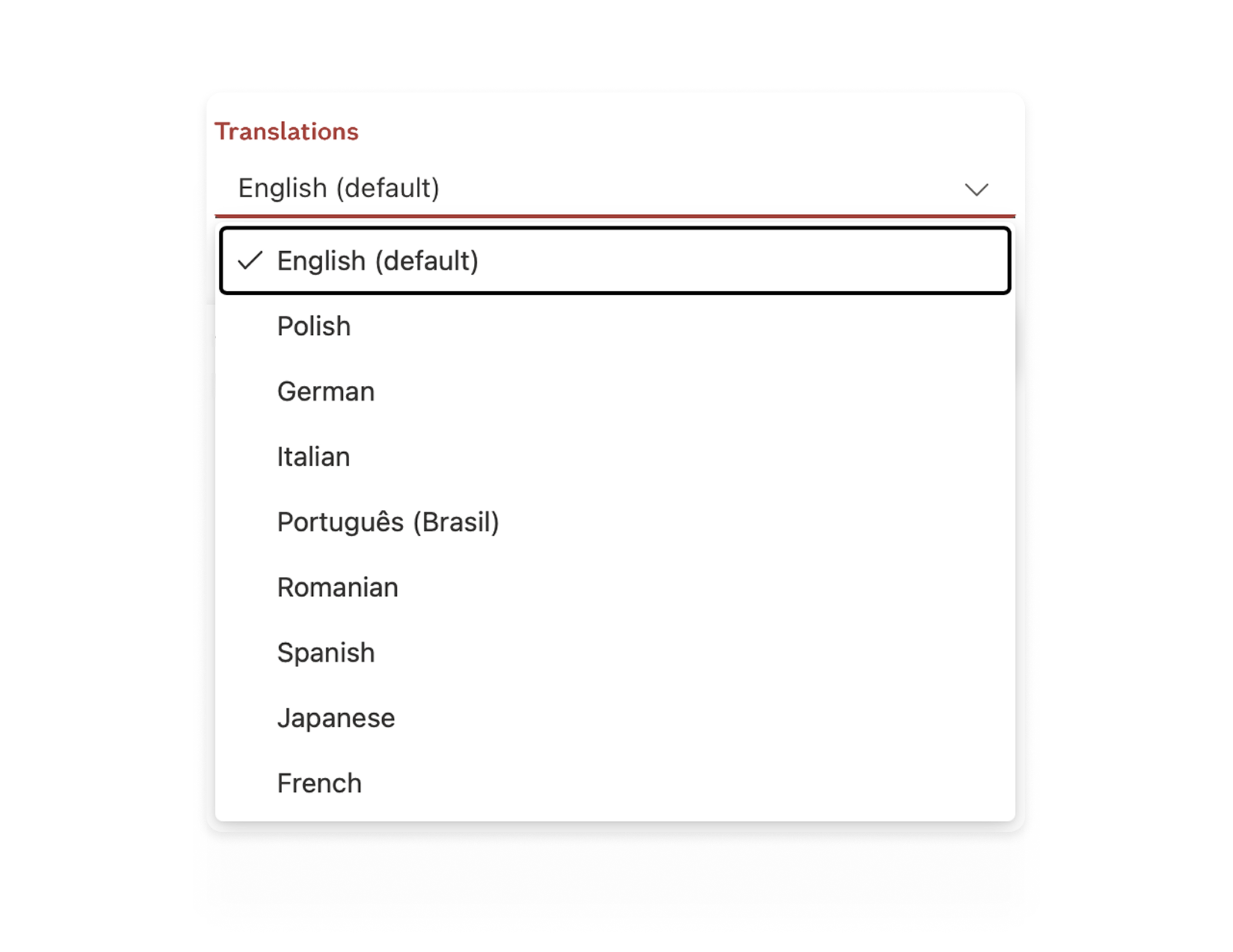 Dropdown menu showing glossary translation options, with English selected and other languages like Polish, German, Italian, Portuguese, Romanian, Spanish, Japanese, and French listed.