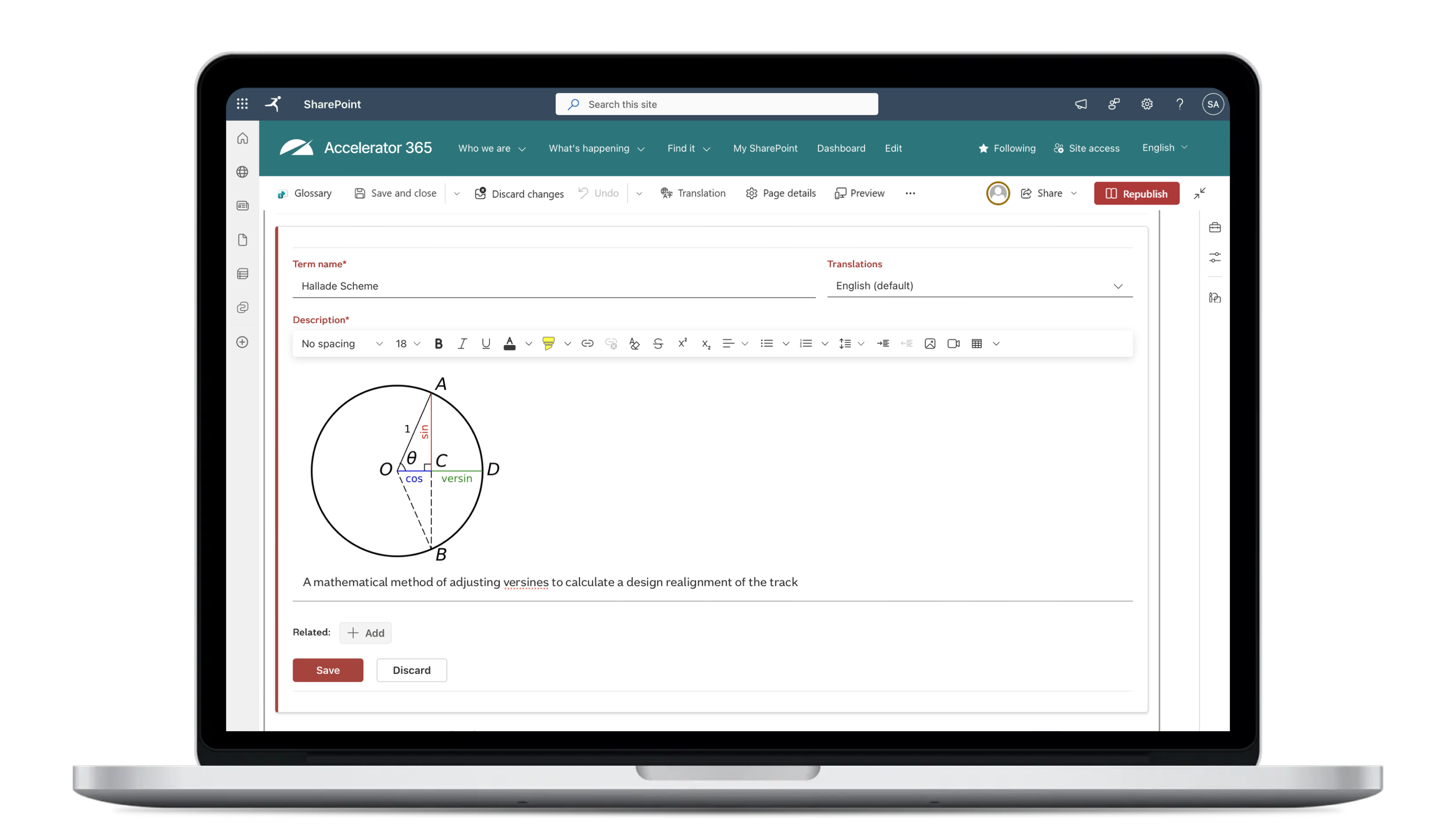 Laptop showing the Accelerator 365 glossary editor with a rich text description field and diagram.