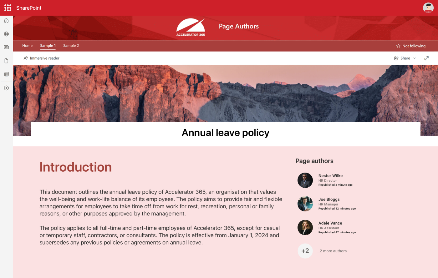 SharePoint page titled ‘Annual leave policy’ with a scenic mountain header image. The page has a section labeled ‘Introduction’ with text outlining leave policy details. On the right side, there is a ‘Page authors’ panel showing profile pictures and names of three authors with roles and republish times: Nestor Wilke (HR Director), Joe Bloggs (HR Manager), and Adele Vance (HR Assistant), along with a note indicating two more authors.