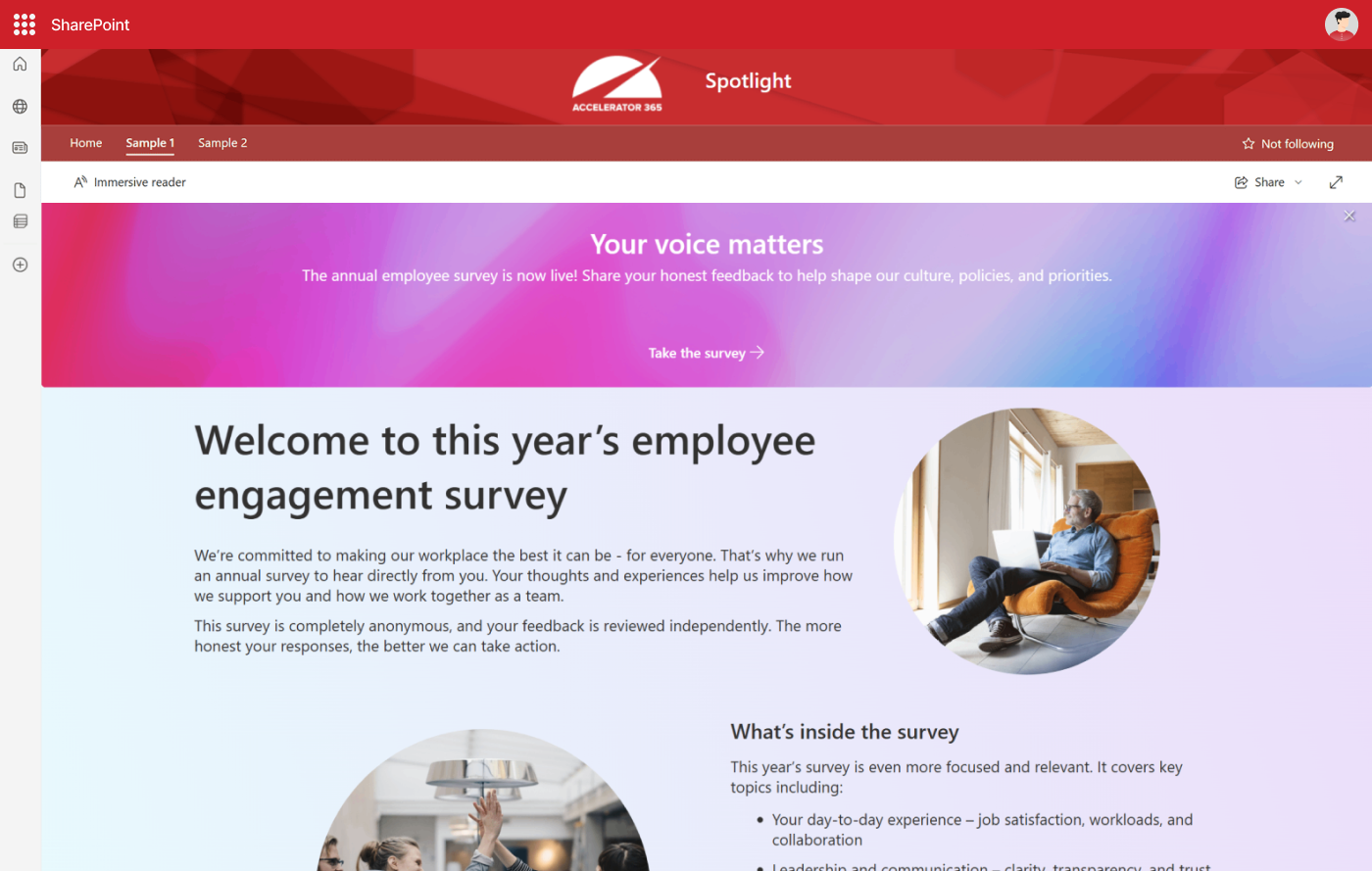 SharePoint page featuring a Spotlight app template. Vibrant header banner with a purple and pink gradient and the text ‘Your voice matters’ and a ‘Take the survey’ button. Below, the section headline reads ‘Welcome to this year’s employee engagement survey’ with supporting text about the importance of anonymous feedback. A circular image of a man using a laptop on an orange chair appears on the right, and a smaller section titled ‘What’s inside the survey’ outlines key topics covered.