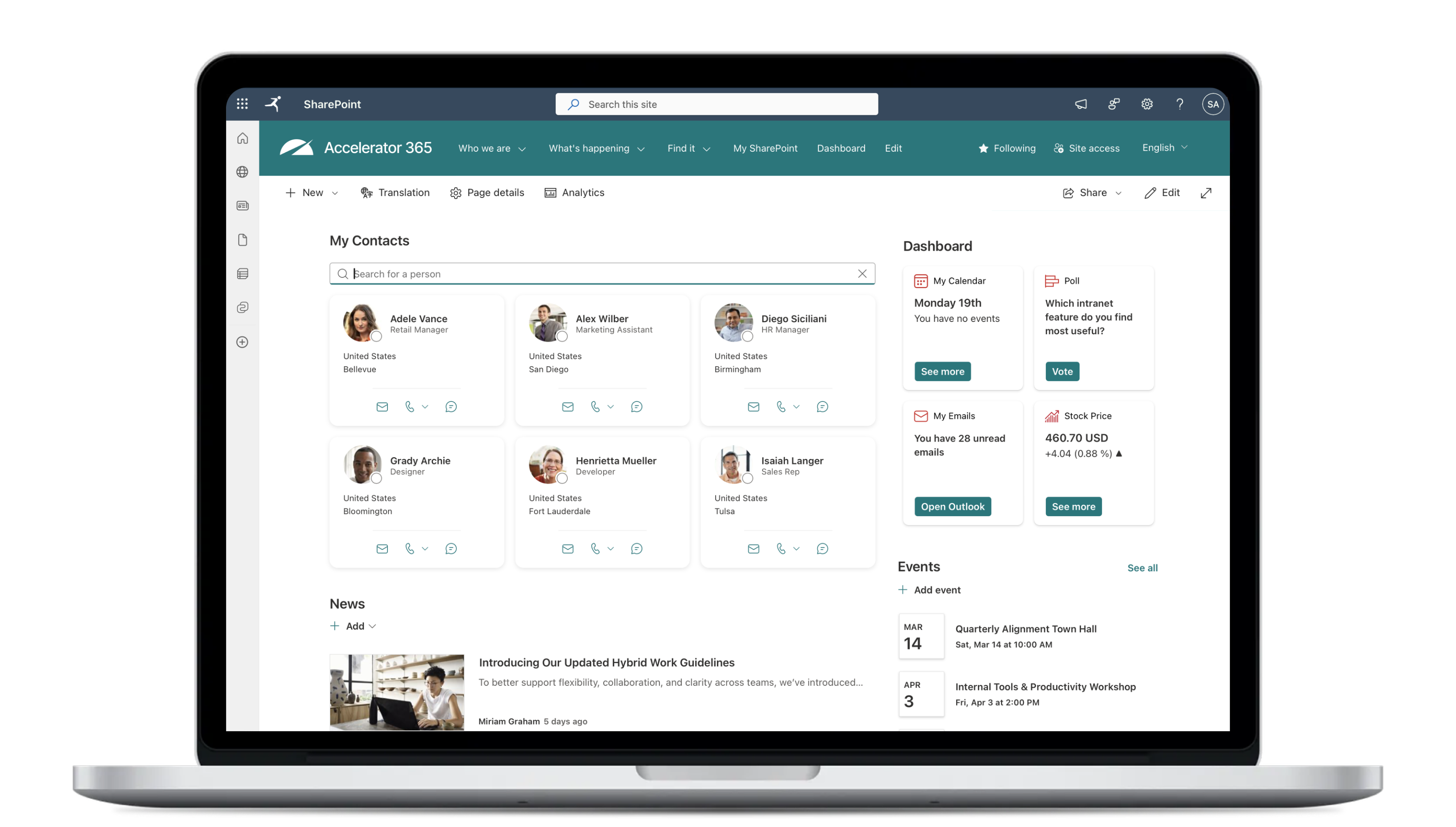 Product interface screenshot of Accelerator 365 showing the My Contacts experience in SharePoint. A laptop displays a personalized intranet dashboard with employee contact cards, search, news, events, and productivity widgets in a clean, modern layout.
