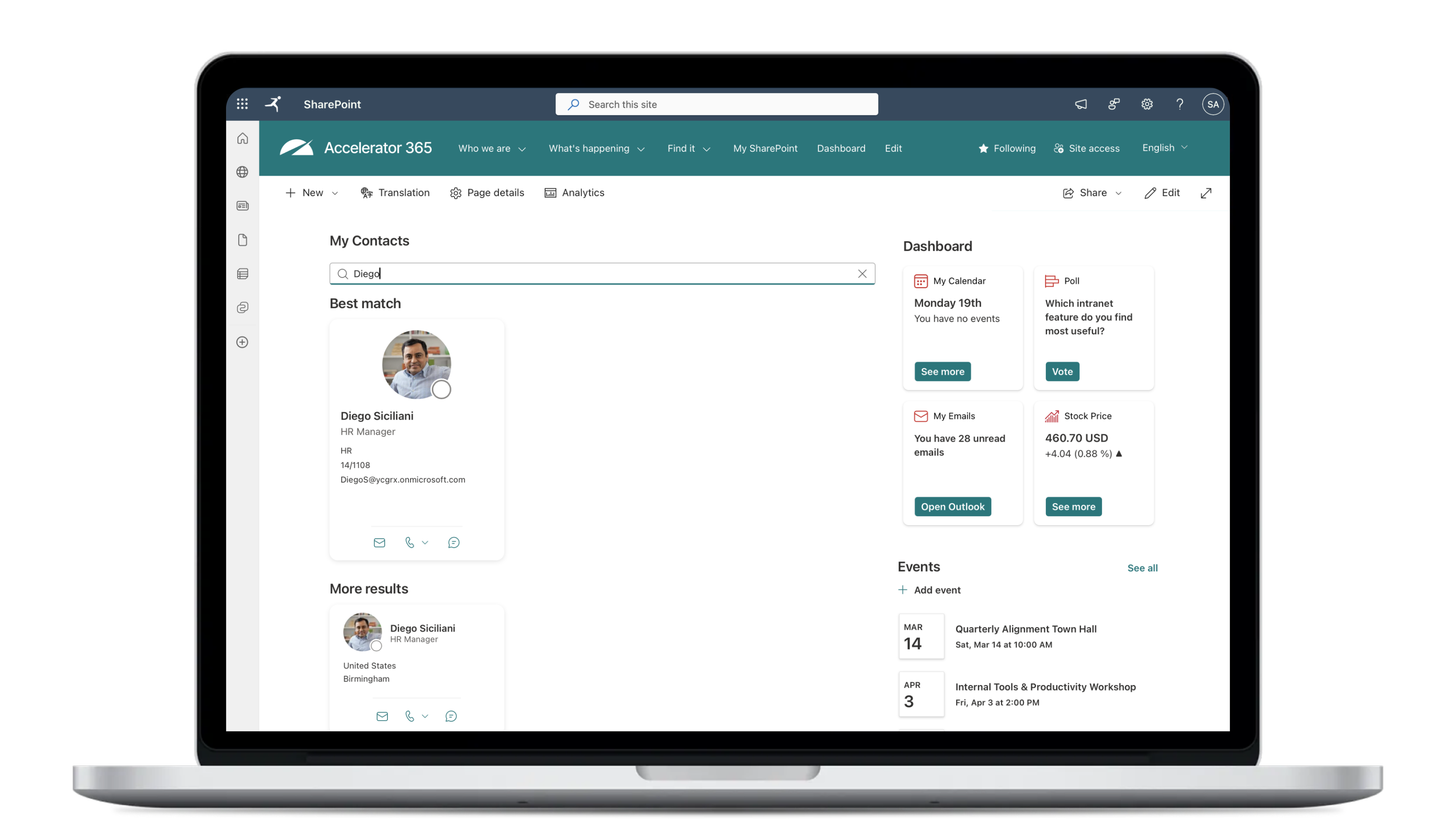 Accelerator 365 My Contacts view in SharePoint, shown on a laptop. The interface highlights smart people search with best-match results, employee profile cards, and a personalized dashboard with calendar, email, stock price, and events.