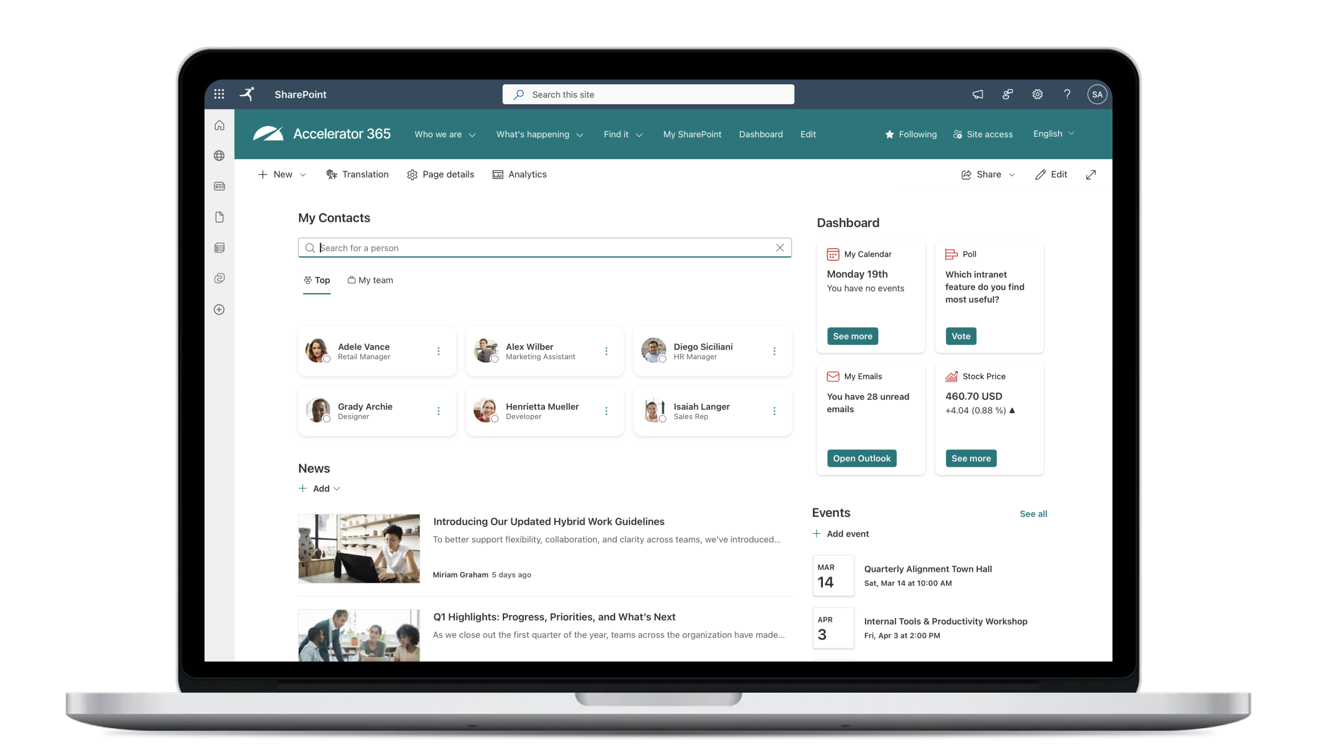 Accelerator 365 My Contacts app displayed in SharePoint on a laptop, showing searchable contact cards, team members, and a personalized dashboard with calendar, emails, events, and stock updates.