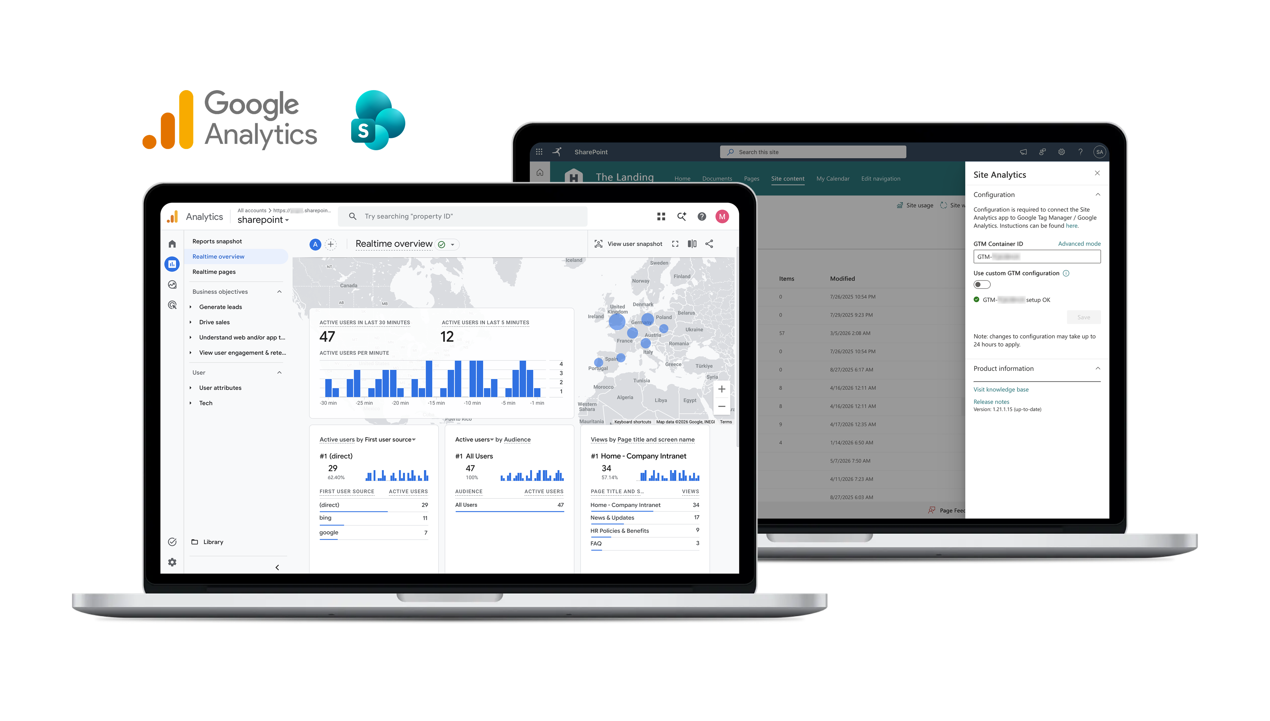 A mockup of the Accelerator 365 “Site Analytics” app, showing Google Analytics integrated with a SharePoint intranet dashboard across two laptop screens. The visual highlights connecting SharePoint to Google Analytics for tracking intranet usage and engagement data.