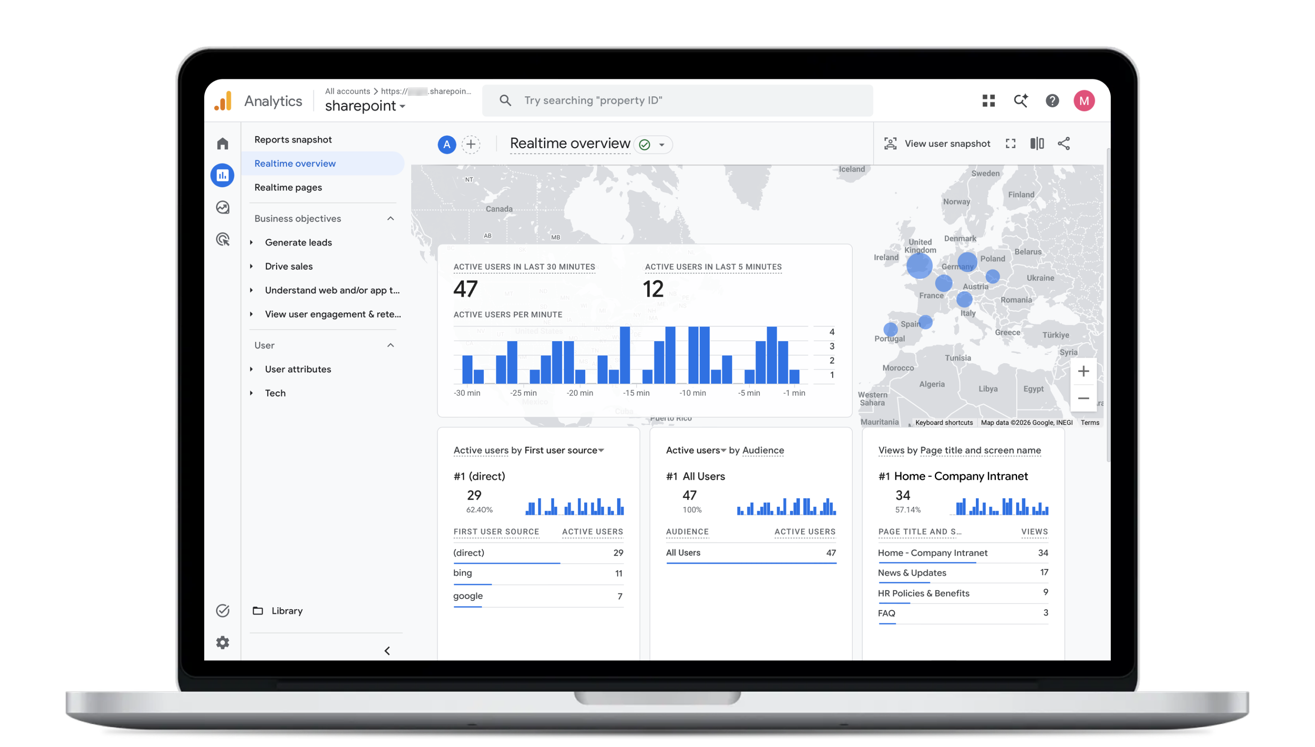A mockup of the Accelerator 365 “Site Analytics” app, showing a Google Analytics real-time dashboard displayed on a laptop screen. The visual highlights live intranet activity tracking, including user engagement metrics, traffic sources, and page views.