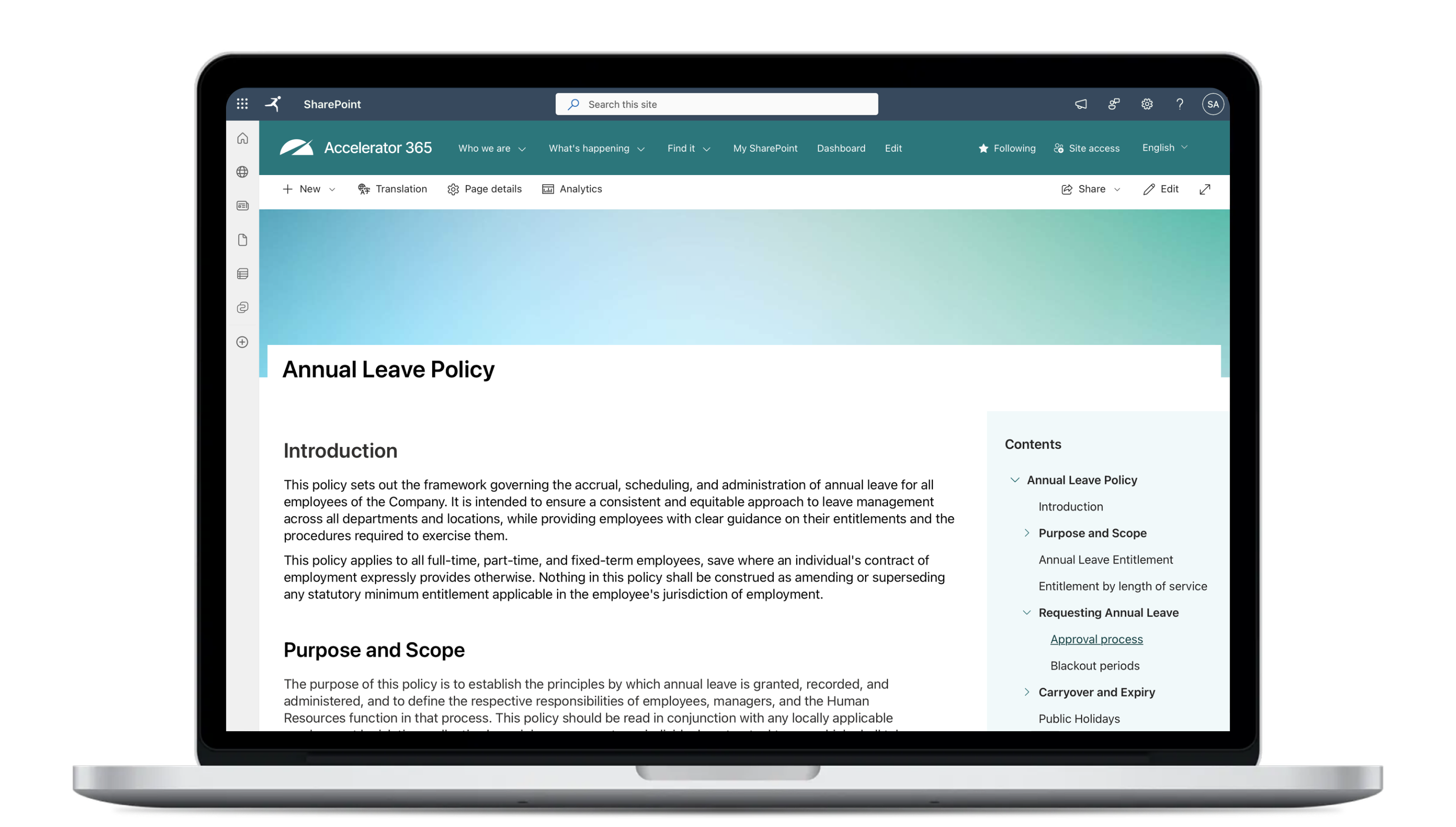 Screenshot of the Accelerator 365 Table of Contents app displayed on a SharePoint page. A long policy document titled “Annual Leave Policy” is shown alongside a collapsible table of contents panel that automatically organizes headings into a clickable navigation menu, making lengthy documents easier to browse.