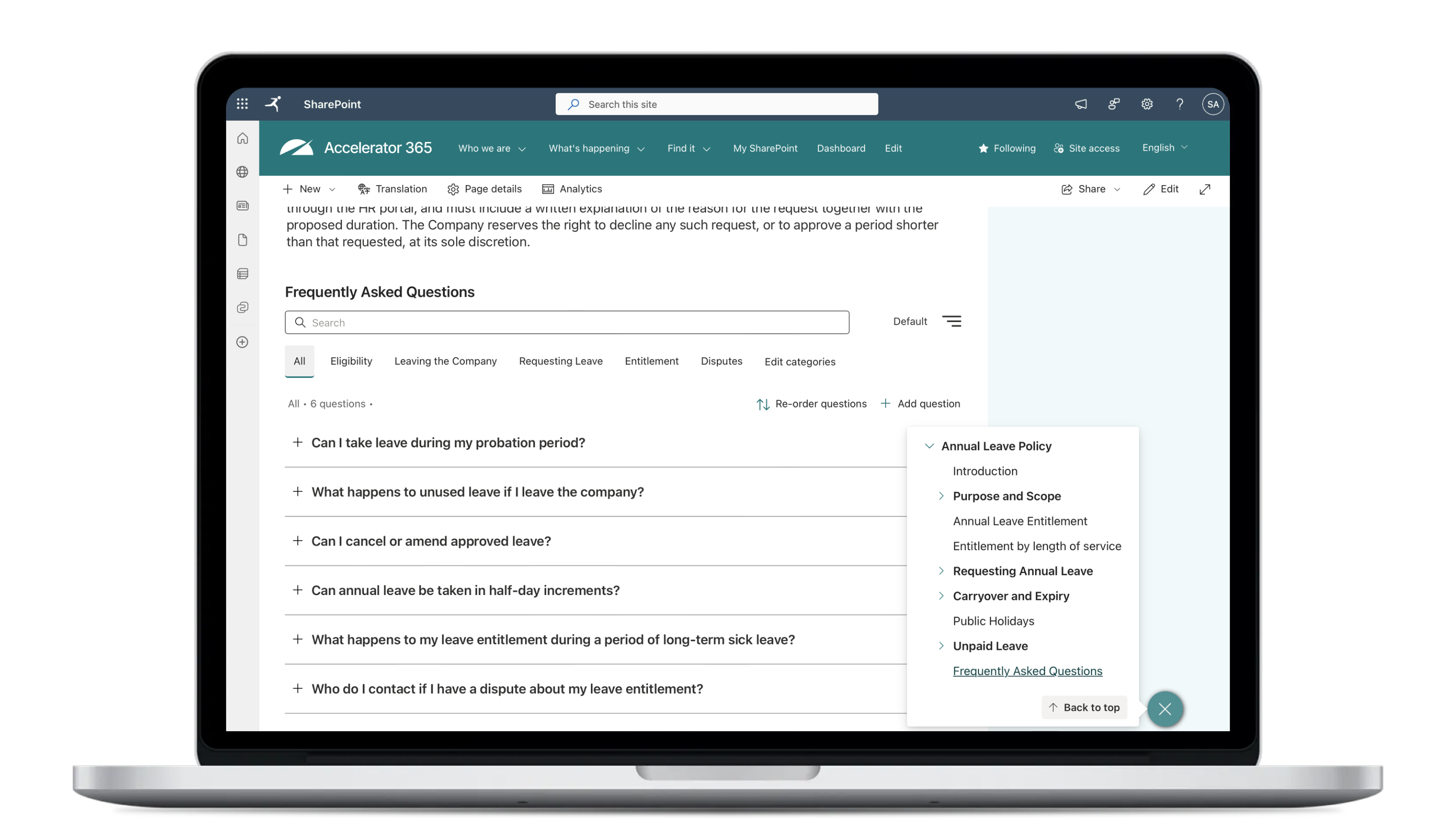 Screenshot of the Accelerator 365 Table of Contents app on a SharePoint policy page. The floating navigation panel automatically tracks the user’s position in the document, highlights the current section, provides quick links to headings such as “Purpose and Scope” and “Requesting Annual Leave,” and includes a one-click “Back to top” button for easy navigation through long pages.