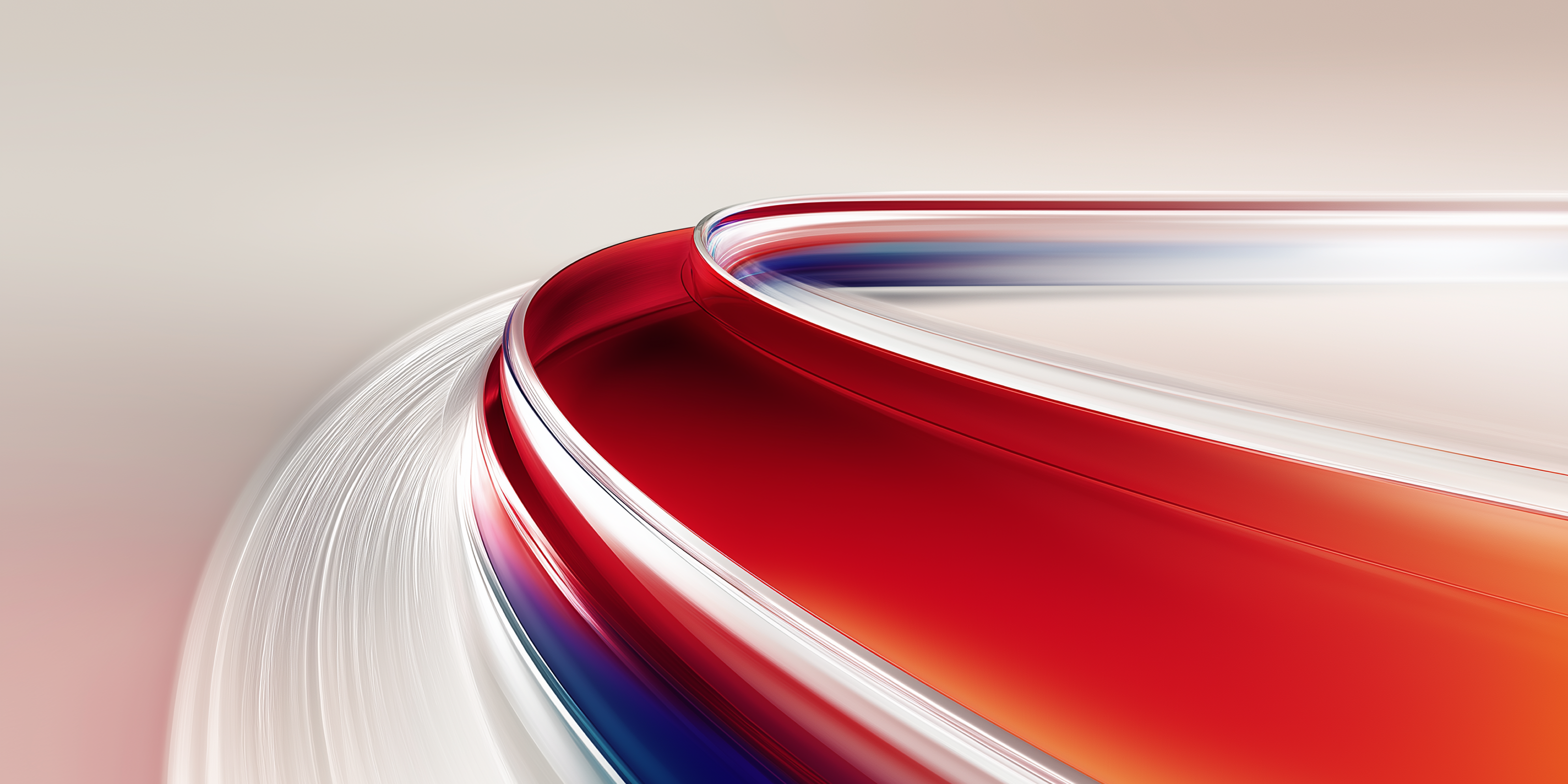 Abstract flowing ribbon design with red, orange, and blue gradients forming smooth, curved motion lines on a light background.
