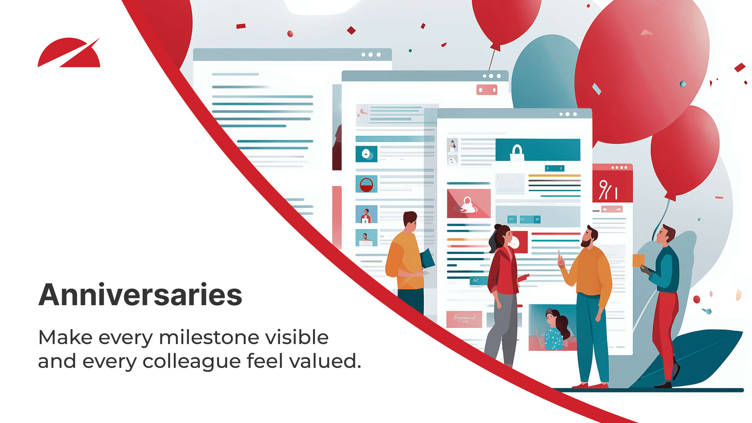 Illustration for “Anniversaries” showing colleagues celebrating milestones with balloons and large digital boards, emphasizing visibility and recognition across a workplace.