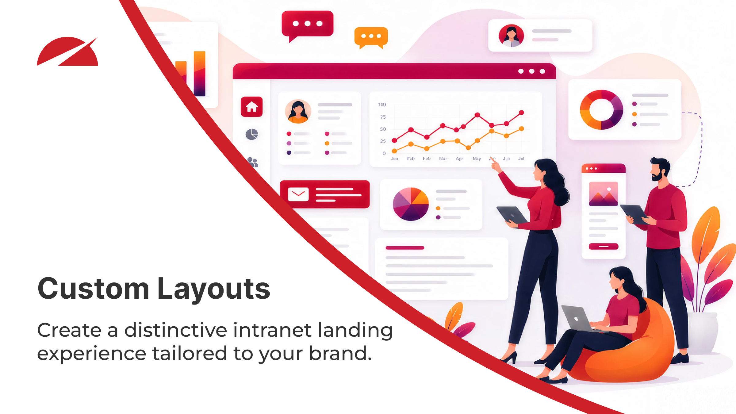 Illustrated promotional graphic for Accelerator 365 Custom Layouts. The image shows three people collaborating around a customizable intranet dashboard featuring charts, analytics, widgets, user profiles, and mobile views.
