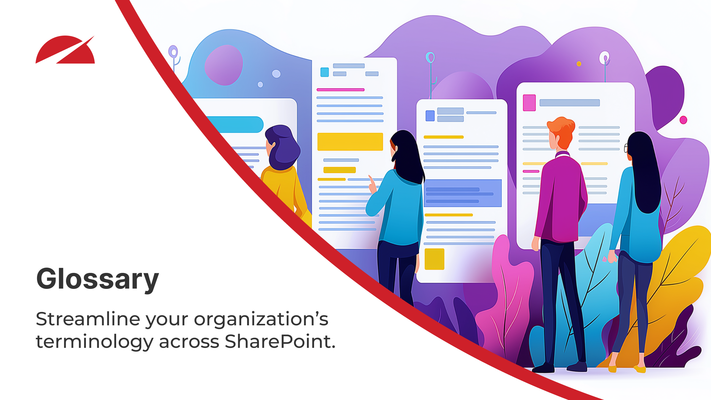 Accelerator 365 Glossary feature graphic showing people reviewing large digital pages, with the caption “Glossary – Streamline your organization’s terminology across SharePoint.”