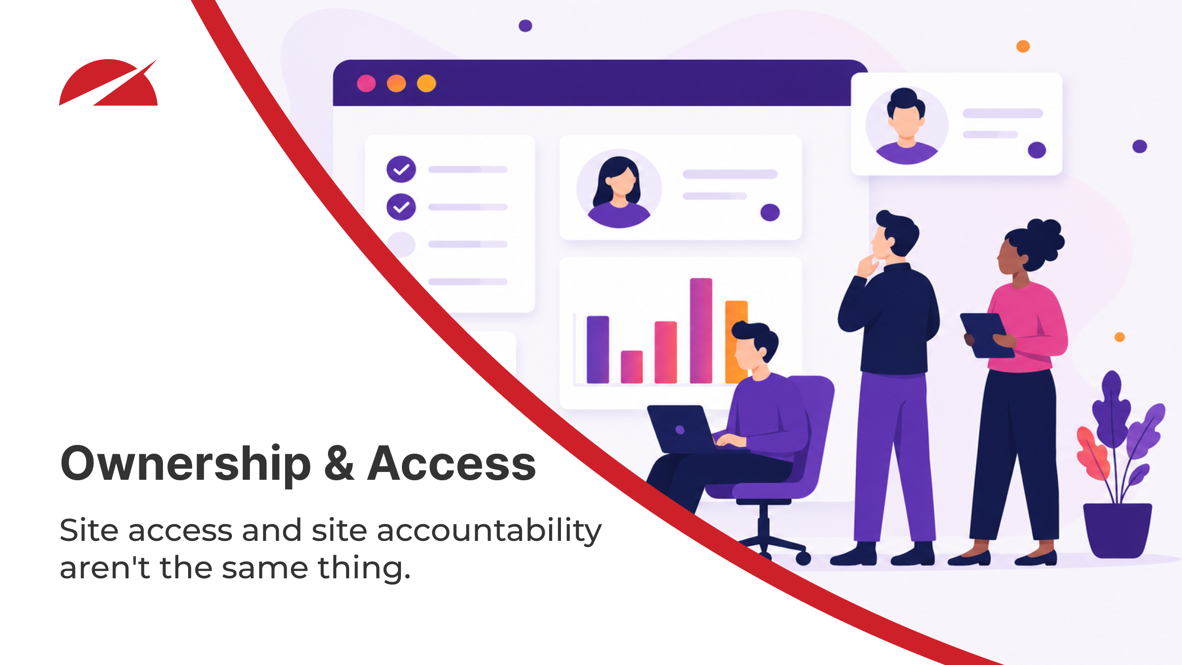 Accelerator 365 intranet governance graphic highlighting the distinction between site access and accountability, with illustrated team members and dashboard elements.