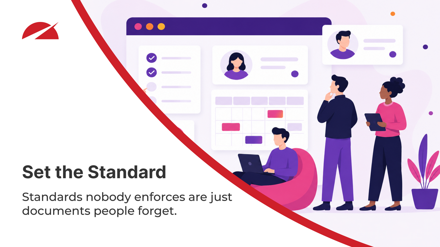 Accelerator 365 intranet governance graphic highlighting the importance of setting and enforcing clear standards, with illustrated team members and planning dashboard elements.