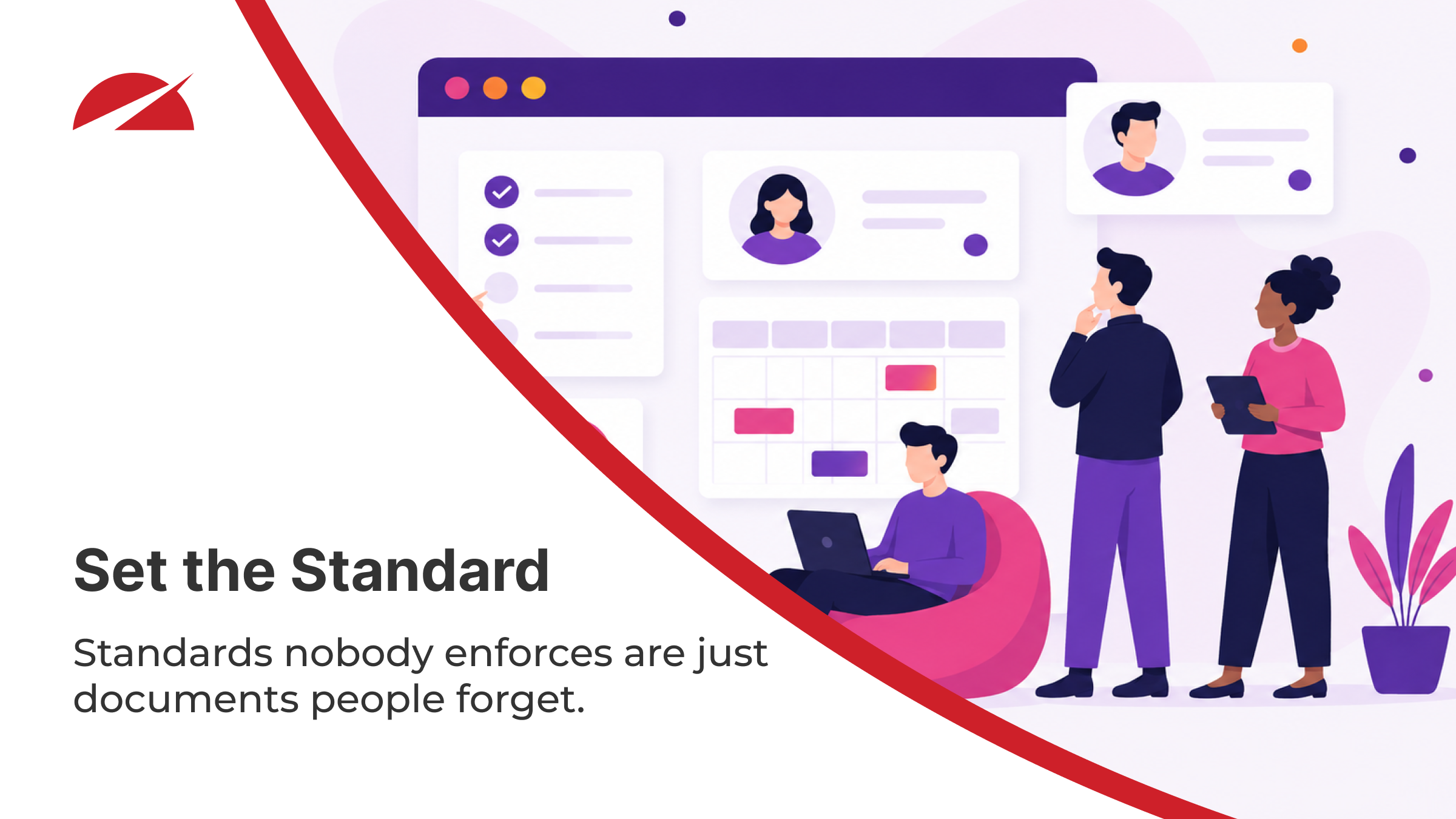 Accelerator 365 intranet governance graphic highlighting the importance of setting and enforcing clear standards, with illustrated team members and planning dashboard elements.