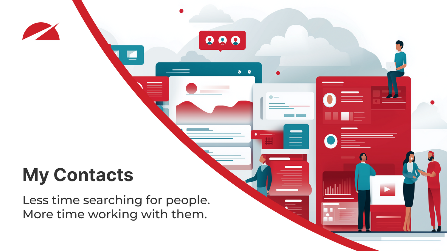 Illustration promoting the My Contacts feature, showing connected employee profiles with the message: less time searching for people, more time working with them.