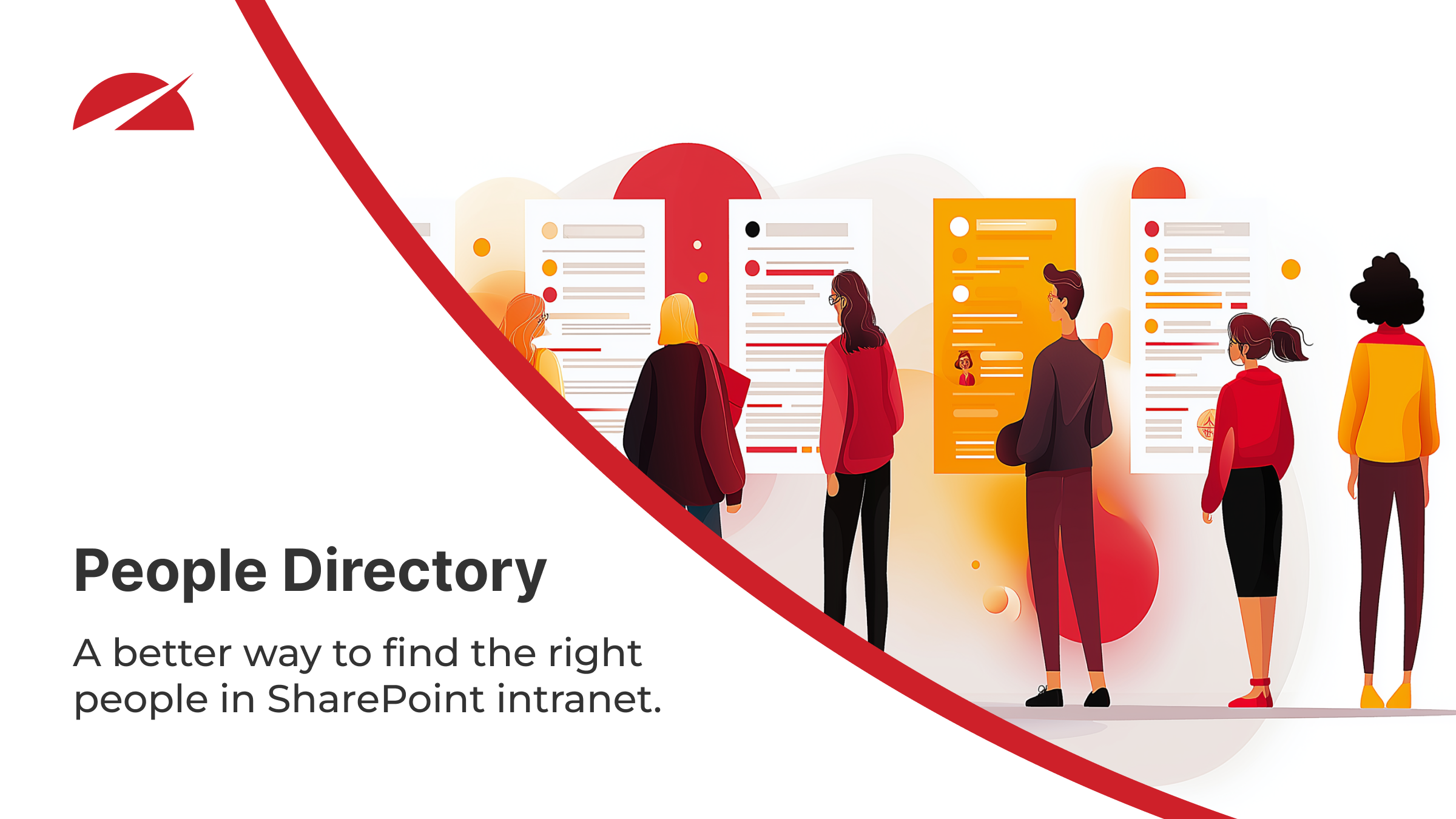 Illustration-style graphic with Accelerator 365 branding showing employees viewing profile panels, representing the People Directory app as a smarter way to find and connect with colleagues in a SharePoint intranet.