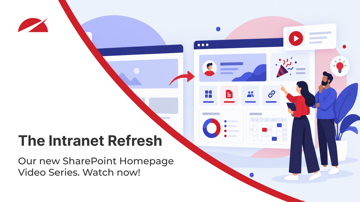 Illustration of a basic intranet page transforming into a personalised dashboard with announcements, quick links and analytics.