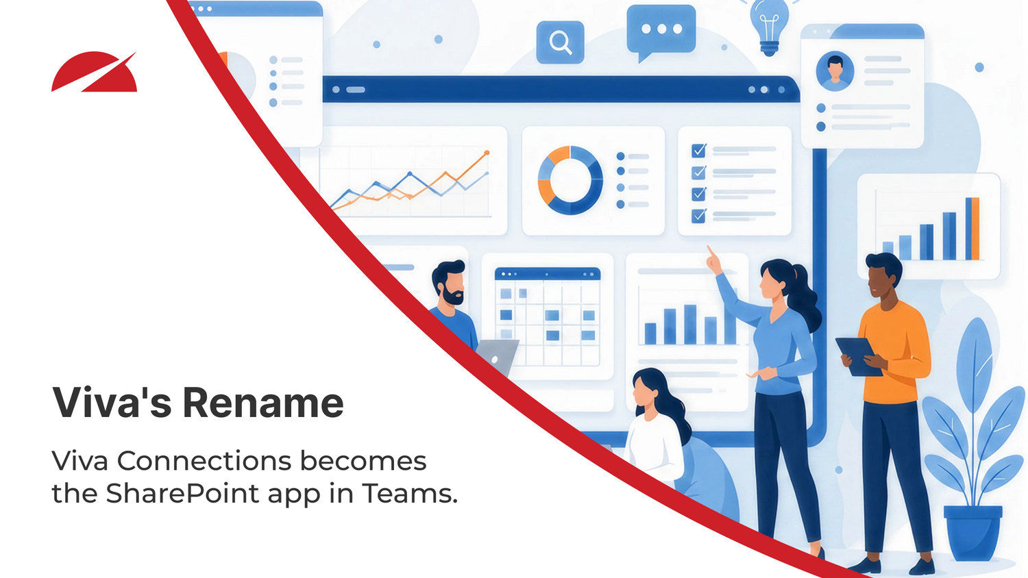 Promotional graphic announcing the rebranding of Viva Connections to the SharePoint app in Microsoft Teams. 