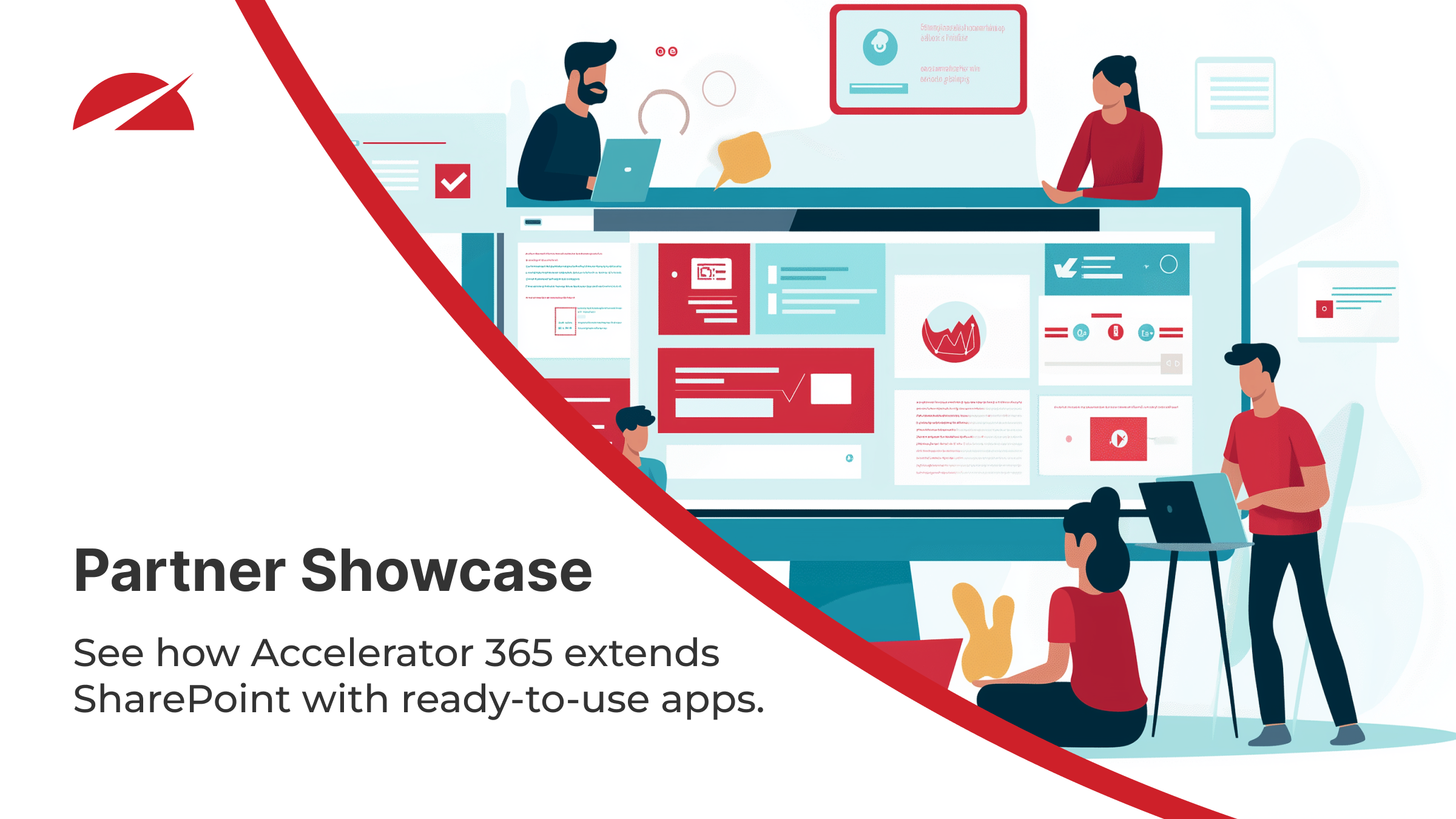 Illustration of people collaborating around a large digital SharePoint-style dashboard, with Accelerator 365 branding. Text reads ‘Partner Showcase – See how Accelerator 365 extends SharePoint with ready-to-use apps.