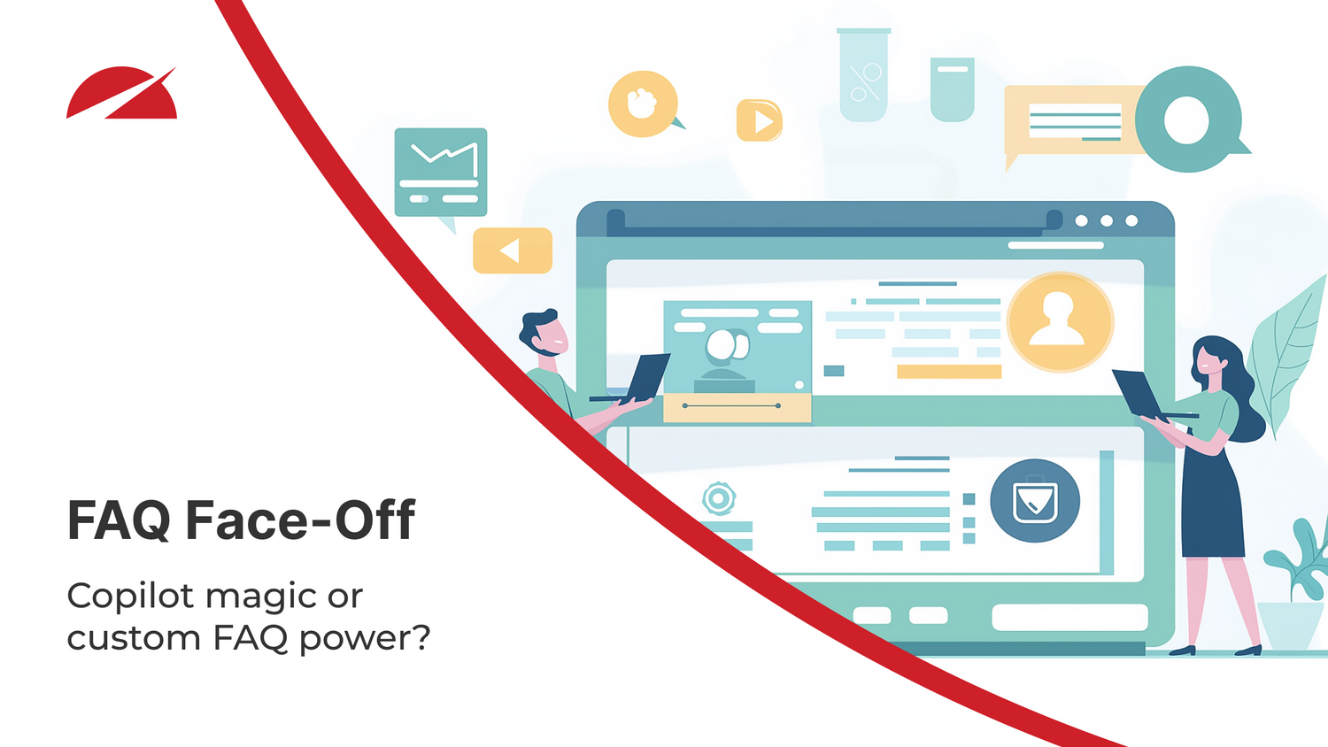 Illustration of two people using laptops in front of a large FAQ-style interface with charts, icons, and user profiles. The heading reads ‘FAQ Face-Off’ with a subheading ‘Copilot magic or custom FAQ power?
