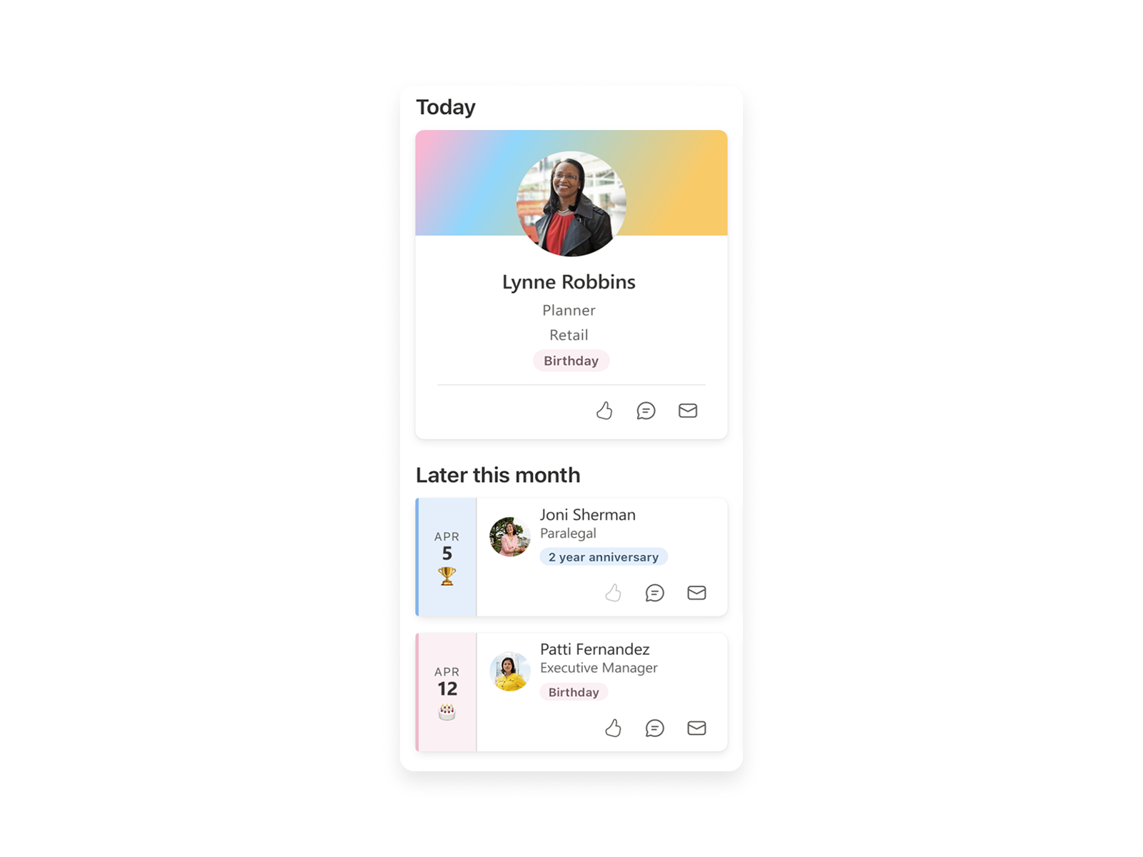 Dashboard view titled “Celebrations at a glance” showing employee anniversaries and birthdays, with a featured profile for today and upcoming milestones listed for later in the month.