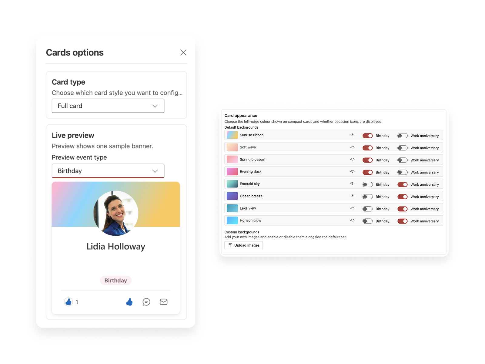 Settings interface titled “Customizable layouts” showing card design options, live preview of an employee card, and configurable background styles for displaying anniversaries.