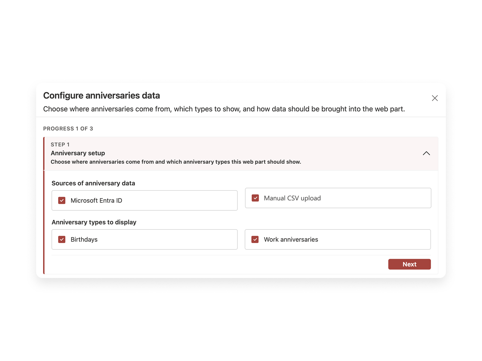 Settings panel titled “Flexible data sources” showing configuration options for anniversaries, including data sources like Microsoft Entra ID and selectable types such as birthdays and work anniversaries.