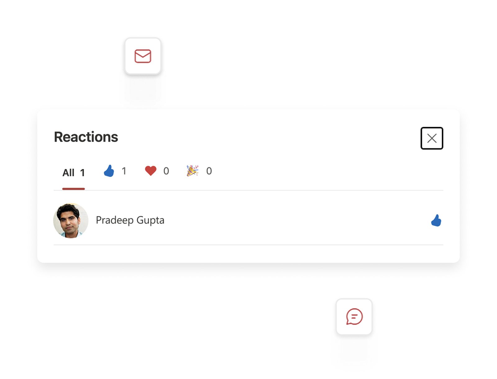 Interface showing a “Reactions” panel where users can view and give likes or feedback to celebrate colleagues, highlighting simple recognition features.