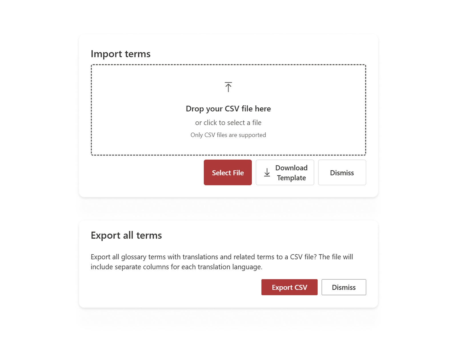 Interface showing glossary import and export options, including CSV upload area, “Select File” button, template download, and “Export CSV” option for all terms.