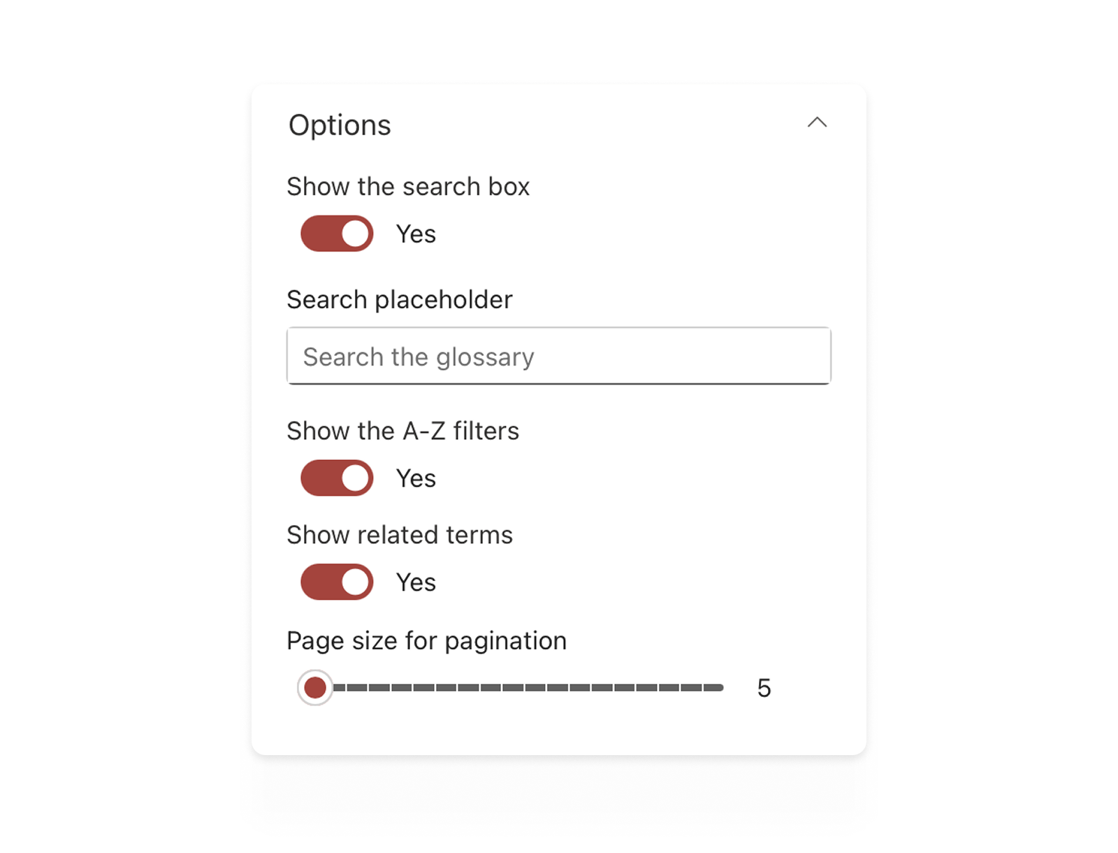 Settings panel for glossary display options, including toggles for search box, A–Z filters, related terms, customizable search placeholder, and pagination size slider.