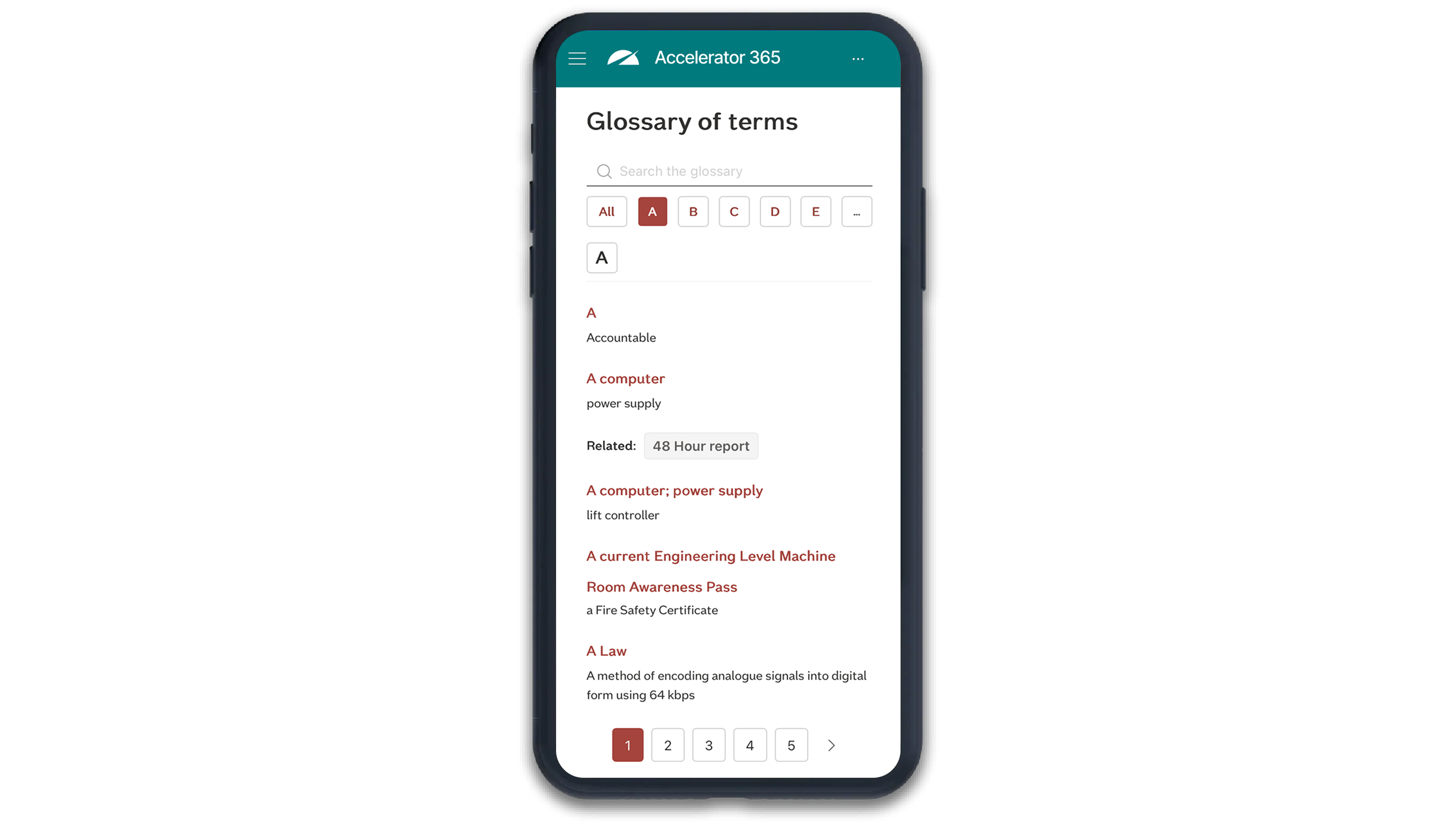 Mobile phone displaying the Accelerator 365 glossary with A–Z navigation and search.