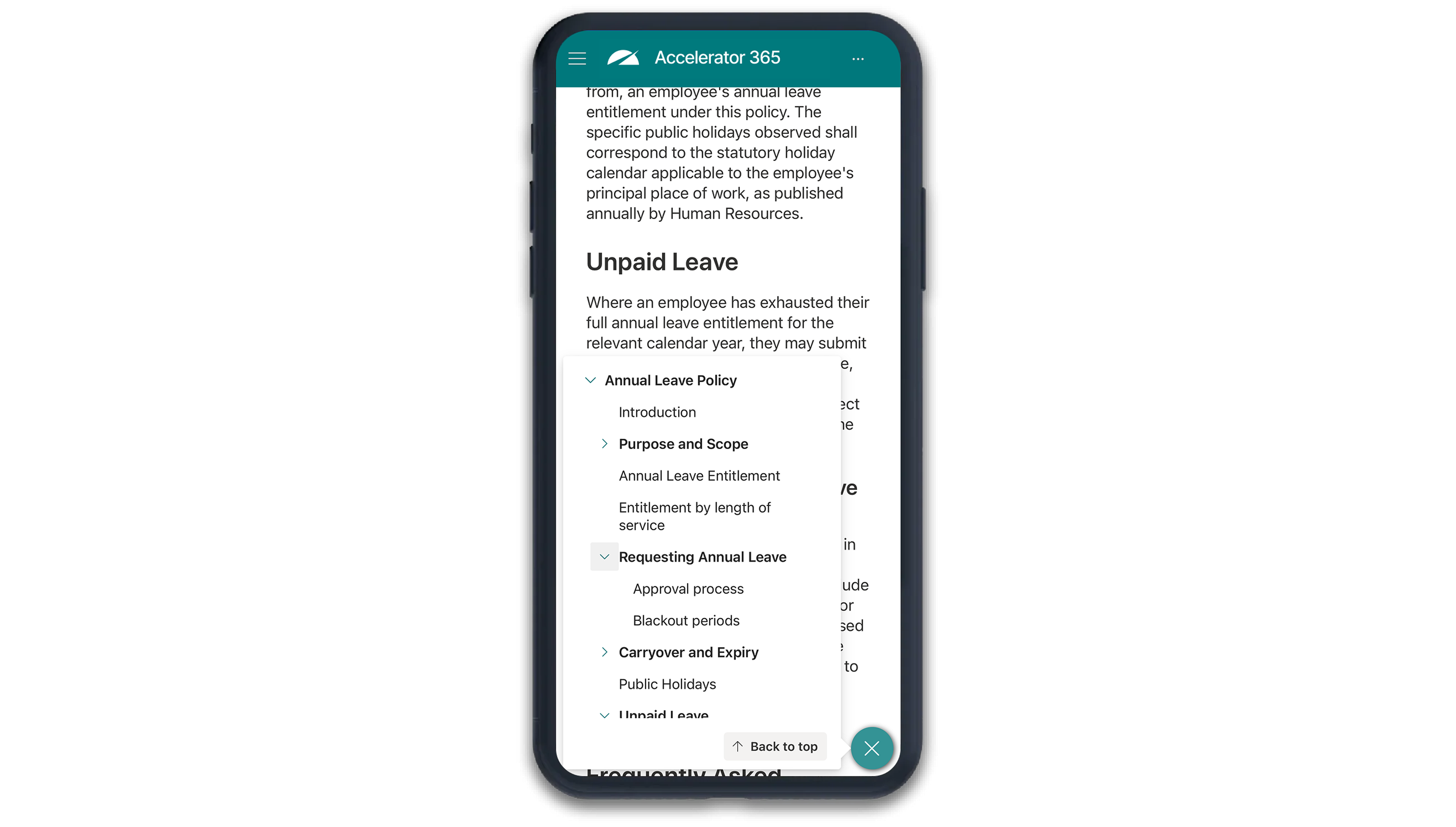 Mobile view of the Accelerator 365 Table of Contents app on a SharePoint page. The responsive navigation panel displays the document outline in an expandable tree, highlights the current section, enables quick jumps between headings, and includes a floating “Back to top” button for effortless navigation on smaller screens.