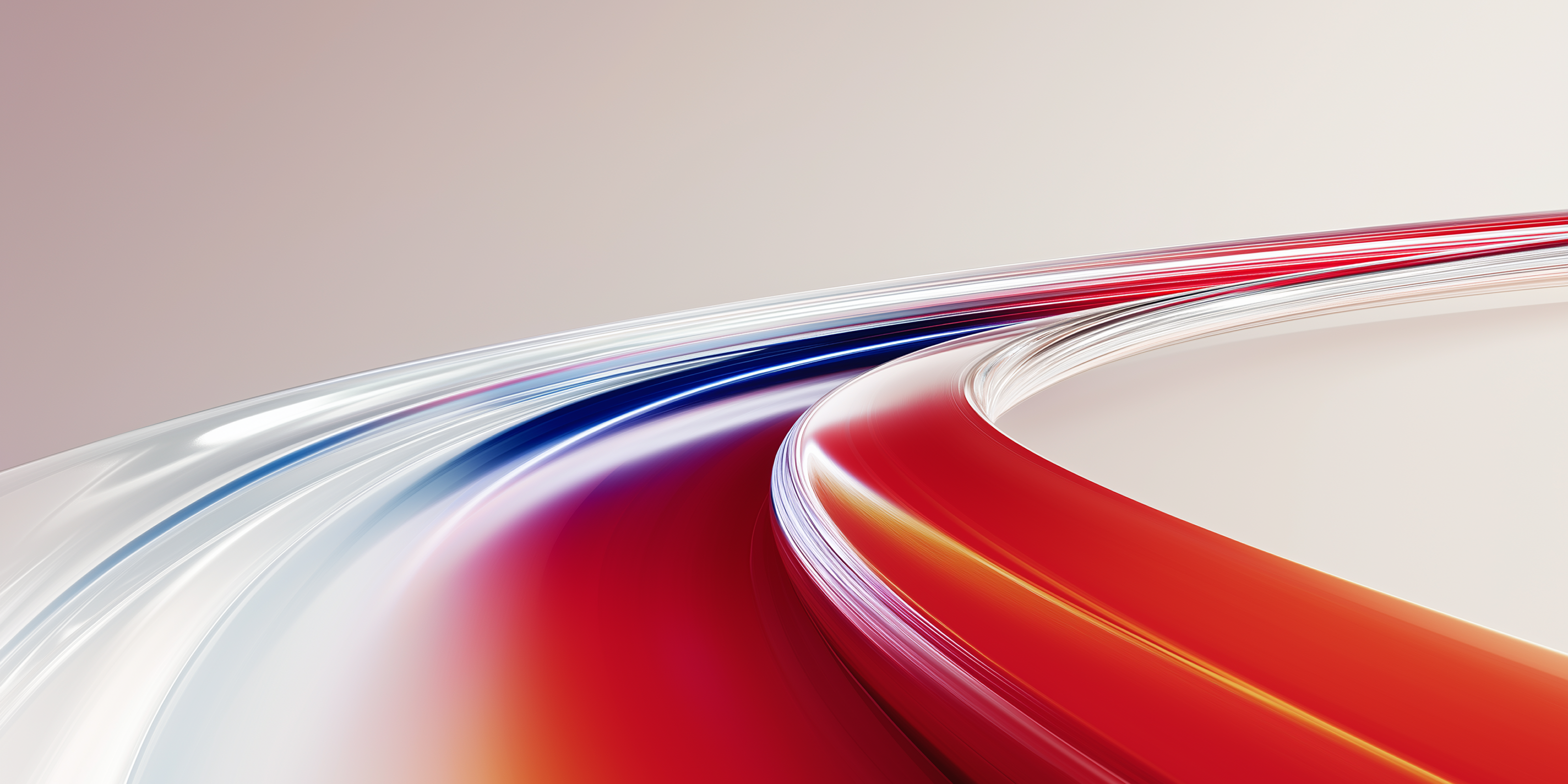 Abstract flowing ribbon design with red, orange, and blue gradients forming smooth, curved motion lines on a light background.