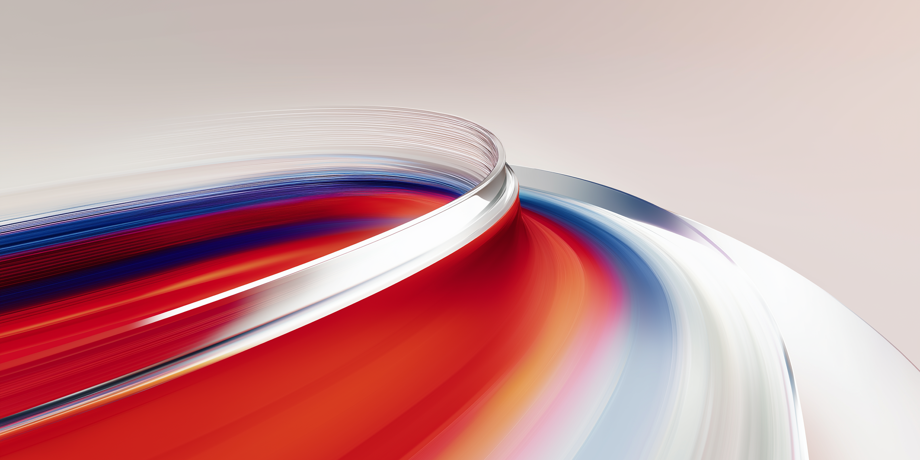 Abstract flowing ribbon design with red, orange, and blue gradients forming smooth, curved motion lines on a light background.