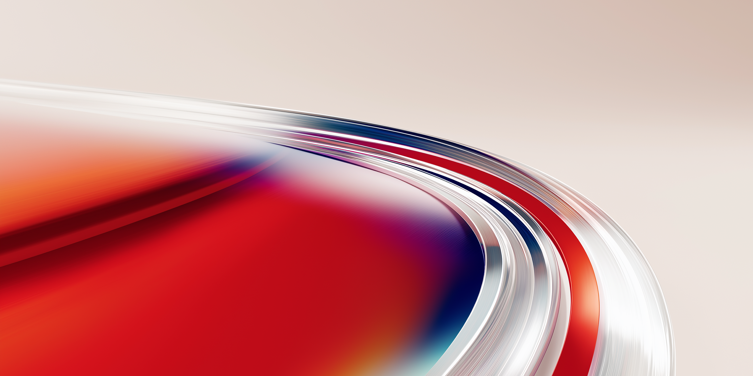 Abstract flowing ribbon design with red, orange, and blue gradients forming smooth, curved motion lines on a light background.